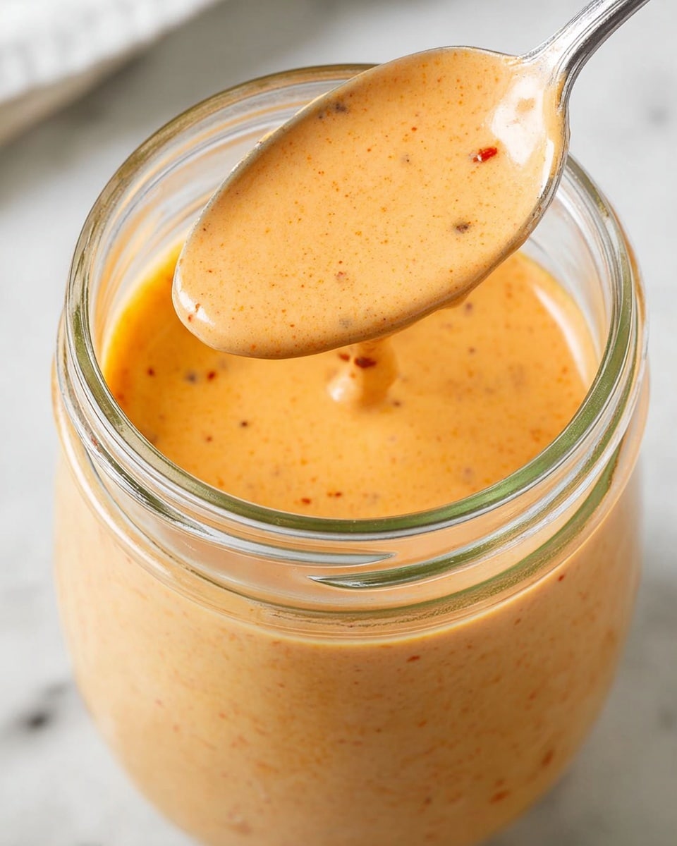A close-up view of a glass jar filled with a light orange, creamy sauce that has a smooth texture with small specks of seasoning visible throughout. A metal spoon is held just above the jar, showing the same sauce coating the spoon’s surface, with the jar's rim slightly blurred in the background. The whole scene is set on a white marbled surface, giving a clean and bright look. photo taken with an iphone --ar 4:5 --v 7