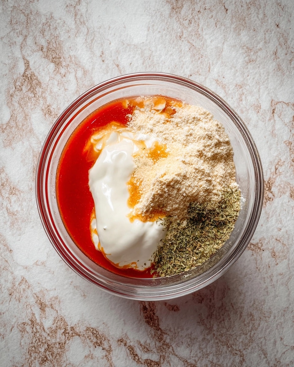 A clear glass bowl holds five distinct layers of ingredients on top of a white marbled surface. Starting from the left, there is a smooth, bright red sauce forming the first layer. Next to it, a dollop of thick white cream with a soft texture contrasts strongly with the red. To the right of the cream, a pile of light beige powder sits on the sauce, with a tiny bit of orange peeking through near its base. On the far right, a fine green herb with a leafy texture creates a neat layer alongside the beige powder. The colors are vibrant, and the layers are well separated inside the bowl. Photo taken with an iphone --ar 4:5 --v 7