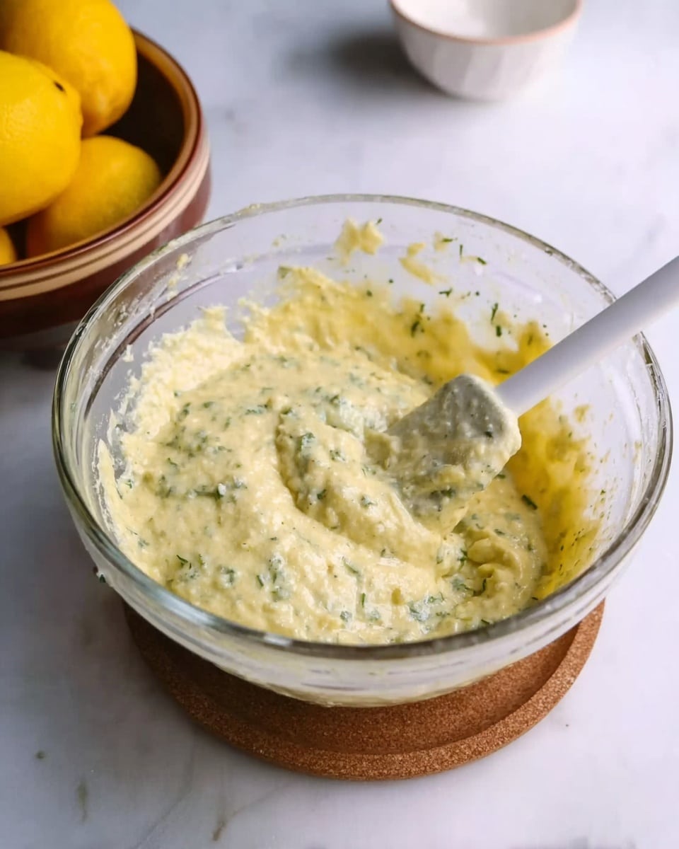 A clear glass bowl filled with thick, pale yellow mixture that has small green herb pieces mixed throughout. A white spatula rests inside the bowl, slightly covered with the mixture. The bowl is placed on a white marbled surface, with a ceramic bowl of bright yellow lemons and a small white bowl in the background, blurred out. Photo taken with an iphone --ar 4:5 --v 7