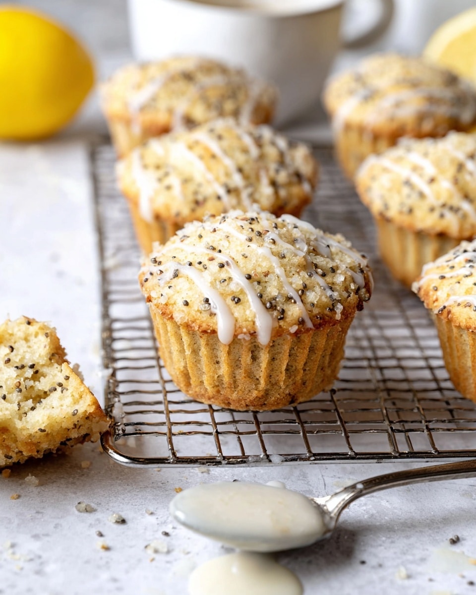 A close-up of small muffins with light golden tops speckled with tiny dark seeds, placed on a silver cooling rack over a white marbled surface; each muffin has some white glaze drizzled in thin lines on top and a crumbly texture with sugar crystals; a bright yellow lemon half is visible on the left, and a white bowl is partly shown on the right; in the foreground, a spoon rests on the surface holding a bit of white glaze, with a split muffin piece blurred nearby; photo taken with an iphone --ar 4:5 --v 7