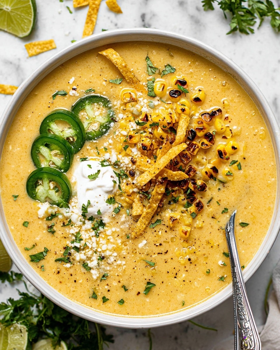 A white bowl filled with creamy yellow corn soup, topped with three green jalapeño slices arranged on the left side, a small dollop of white sour cream just below the jalapeños, a pile of golden grilled corn in the center, and a few broken crispy tortilla strips scattered above and below the corn. Small white crumbles of cheese and green chopped herbs are sprinkled over the soup and toppings. A spoon rests inside the bowl near the bottom edge. The bowl is placed on a white marbled surface with some chopped herbs and wedges of lime nearby. Photo taken with an iphone --ar 4:5 --v 7