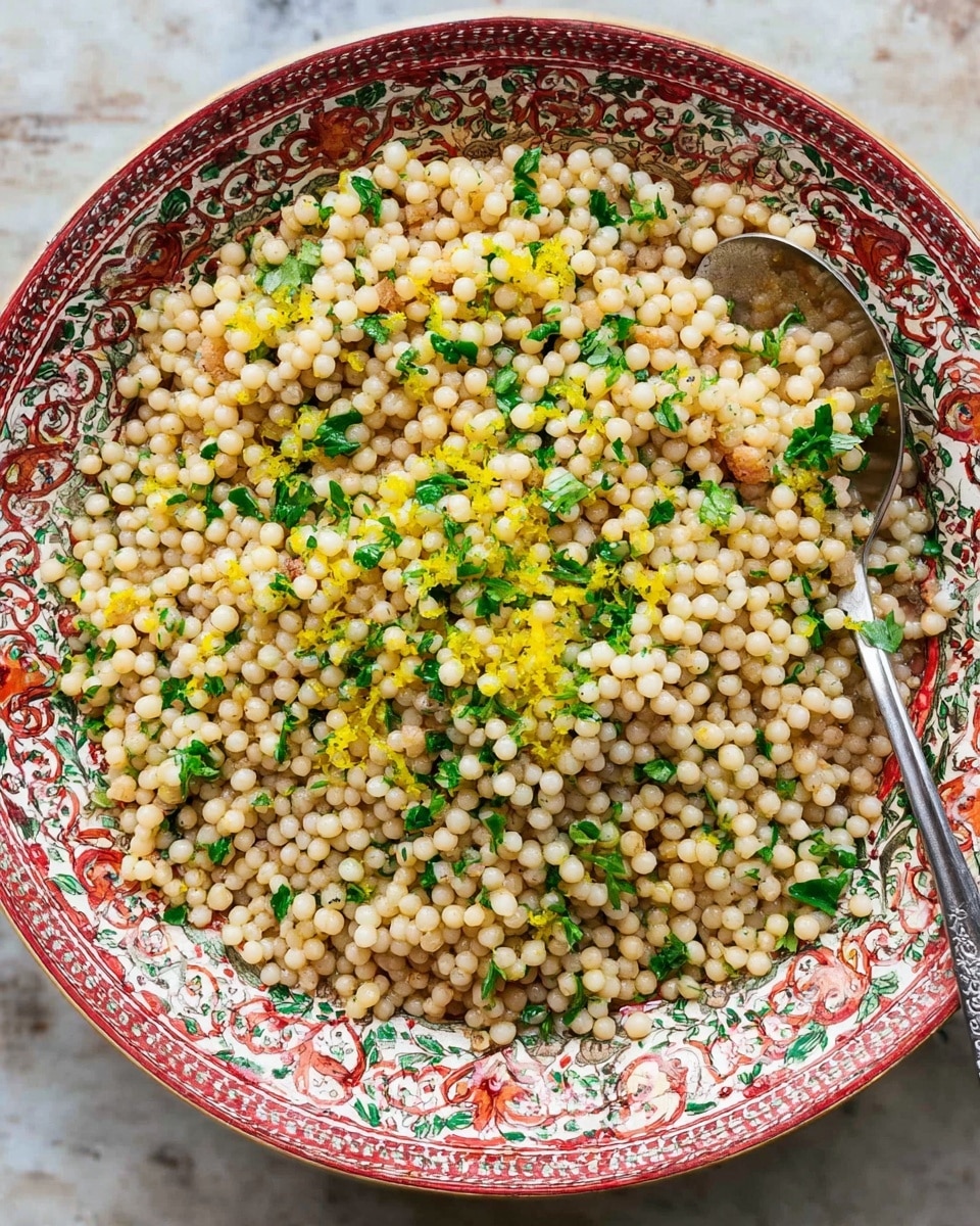 A white bowl with red, green, and floral patterns on the rim is filled with small pearl couscous grains in light beige and light brown shades. The couscous is mixed with small green chopped herbs spread evenly on top. There are bright yellow lemon zest bits scattered across the surface, adding a pop of color. A silver spoon rests on the right side inside the bowl. The bowl is placed on a white marbled surface. Photo taken with an iphone --ar 4:5 --v 7