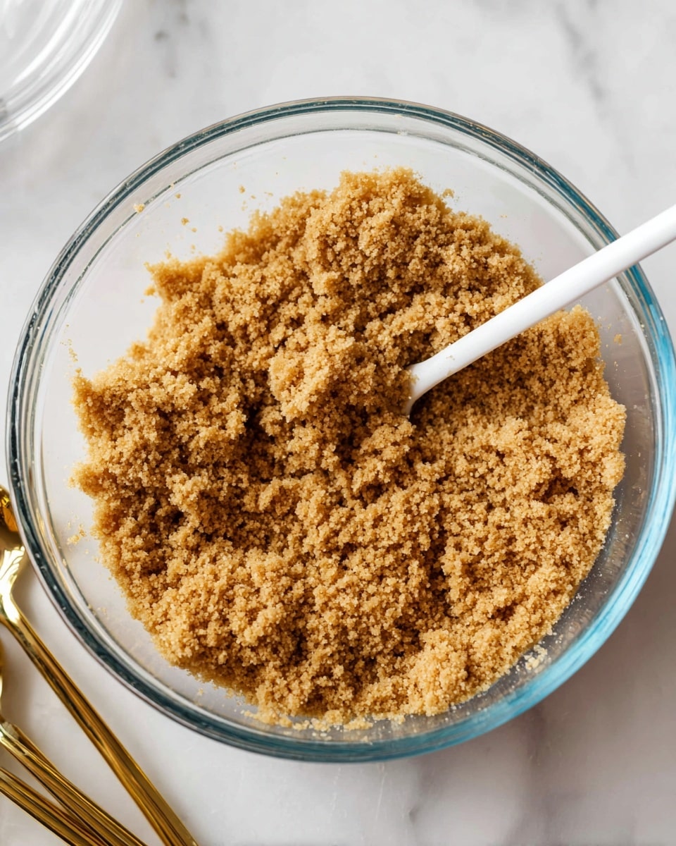 A clear glass bowl holds a crumbly light brown mixture with a coarse texture, looking like crushed graham crackers or a similar dry ingredient. A white spoon with some of the mixture on it rests inside the bowl, slightly digging into the crumbs. The bowl sits on a white marbled surface, and near it there are shiny gold measuring spoons partially visible at the bottom left. The scene is bright and clean, showing a simple moment of mixing dry ingredients photo taken with an iphone --ar 4:5 --v 7