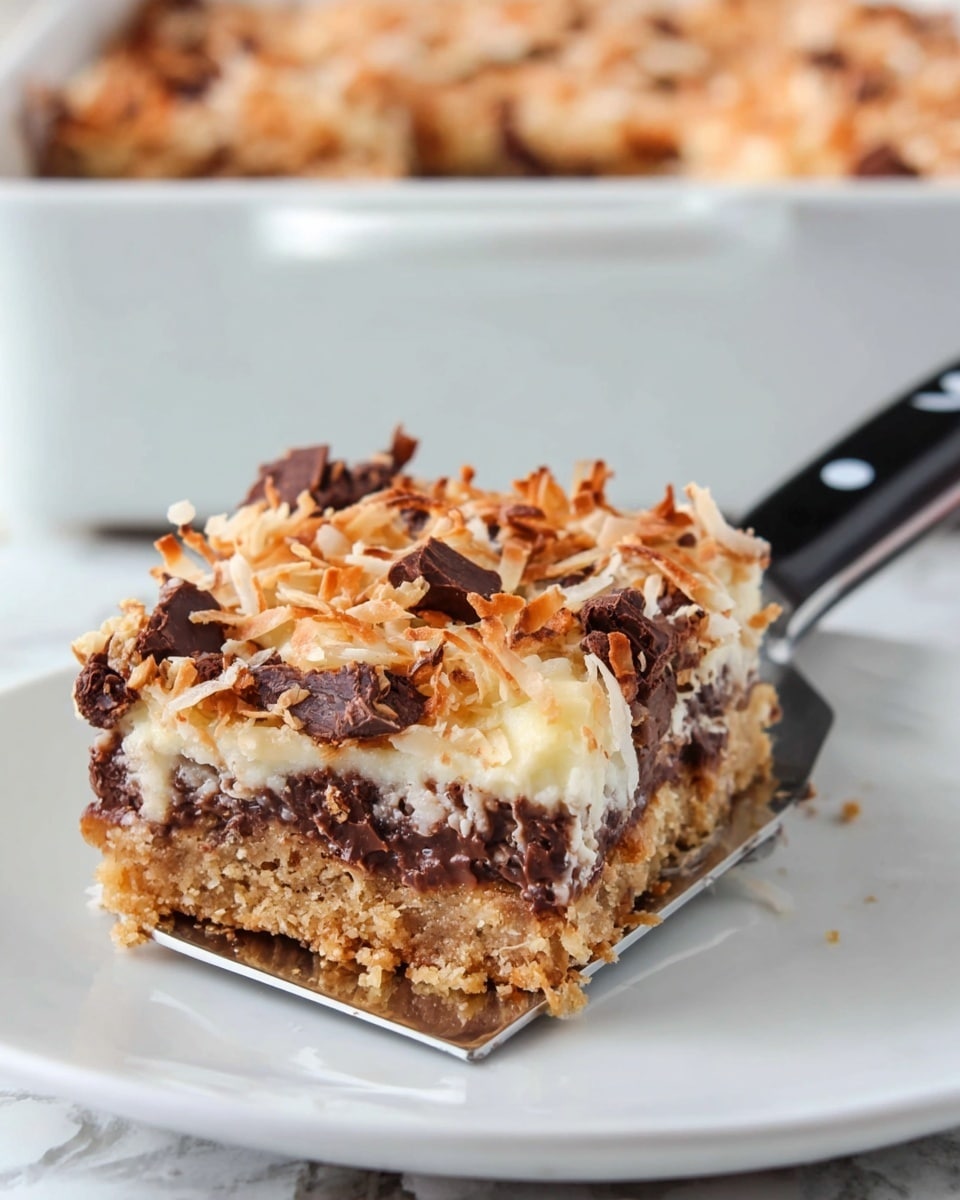 A square piece of dessert with three visible layers sits on a white plate. The bottom layer is thick and crumbly, light brown in color, like a cookie crust. The middle layer is a mix of melted dark chocolate chunks and a light creamy filling. The top layer is golden brown shredded toasted coconut with more chocolate pieces embedded in it. A metal spatula with a black handle with three white dots is lifting the dessert from the plate. The background shows a white baking dish resting on a white marbled surface. photo taken with an iphone --ar 4:5 --v 7