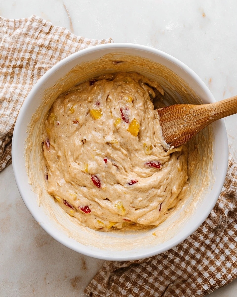 A white bowl filled with thick, beige batter that has visible chunks of yellow and red fruit mixed throughout. The batter looks creamy and slightly lumpy, showing folds and swirls from stirring. A wooden spatula with some batter on it leans inside the bowl. The bowl sits on a white marbled surface next to a brown and white checked cloth. Photo taken with an iphone --ar 4:5 --v 7
