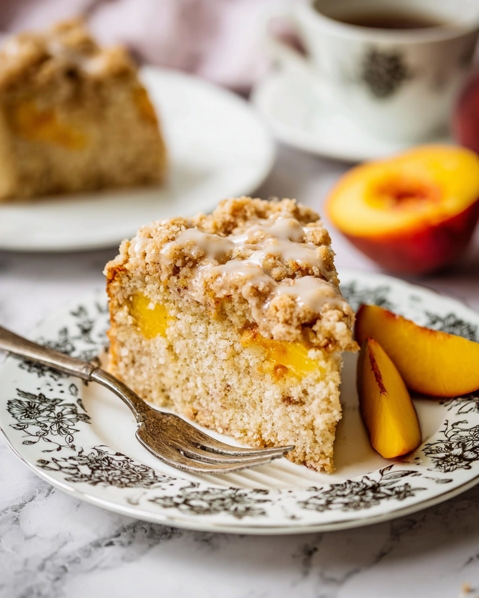 A single thick slice of peach crumb cake sits on a white plate decorated with a black floral pattern. The cake has two layers: a light beige, moist, and slightly crumbly base with small chunks of yellow peach inside, topped with a golden brown crumb layer mixed with a thin coat of creamy glaze. Next to the cake slice is a vintage fork with a metal handle resting on the plate. Two fresh peach wedges with bright yellow-orange flesh lie on the white marbled surface beside the plate. In the blurred background, there is another white plate with another piece of the same cake, part of a halved peach, and the edge of a white cup. photo taken with an iphone --ar 4:5 --v 7