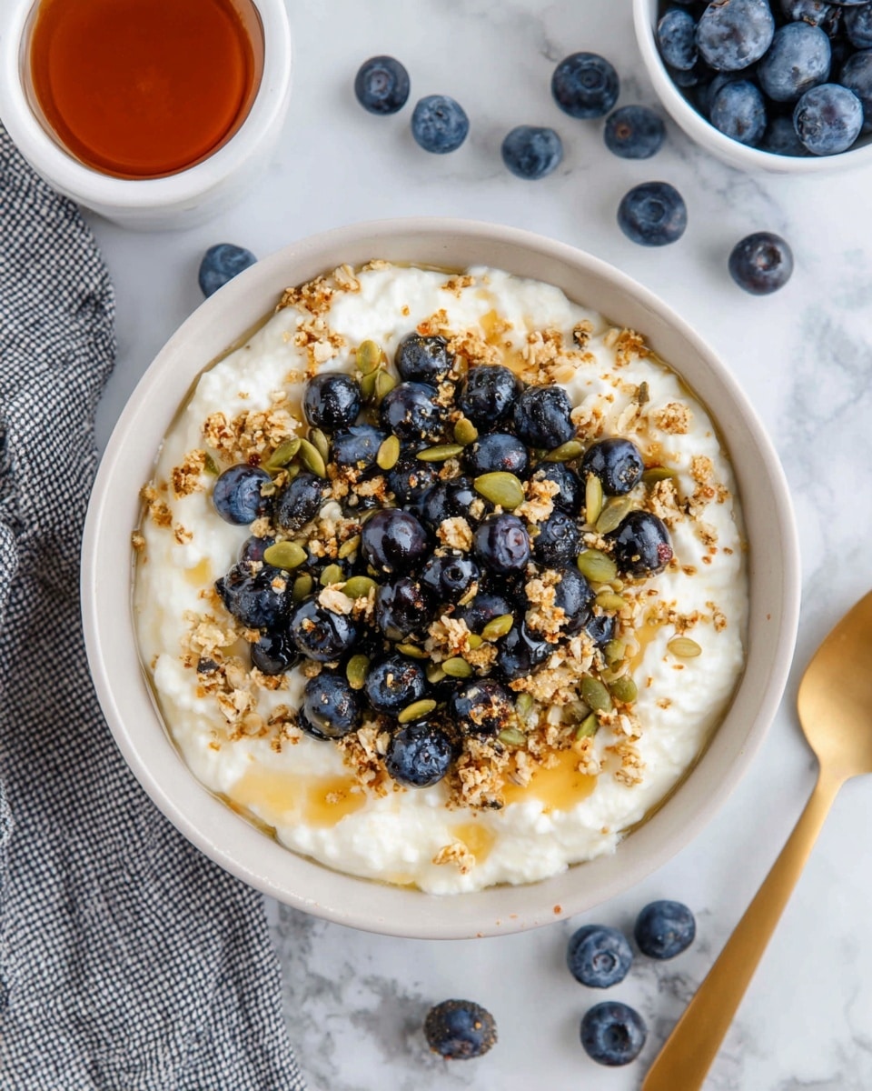 A white bowl filled with a thick, creamy white layer of cottage cheese forms the base. On top, there is a mix of dark blue fresh blueberries scattered unevenly, and a sprinkle of light brown granola with green pumpkin seeds adding texture. A light drizzle of honey shines golden on the cottage cheese and granola. Around the bowl, loose blueberries are placed on a white marbled surface, with a small white cup filled with a dark amber liquid nearby. A gold butter knife rests partially under the bowl, and a gray and white checkered cloth is seen at the edge of the image. photo taken with an iphone --ar 4:5 --v 7