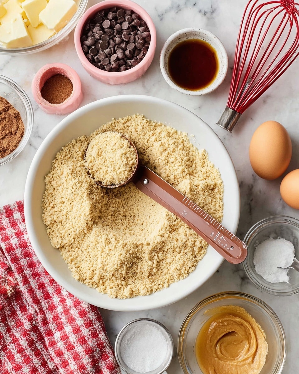 The image shows a white bowl filled with coarse, light beige almond flour with a light brown measuring cup resting inside it, partially filled. Around the bowl, there are small glass containers and measuring cups: a pink cup with light brown packed brown sugar, a pink cup with dark brown chocolate chips, a clear bowl with smooth golden yellow melted butter, a small clear bowl with a dark brown liquid vanilla extract, and a small clear bowl with white baking soda powder. There is also a whole egg, a glass bowl with creamy beige almond butter, and a set of metal measuring spoons. A red and white checkered cloth is partly visible on the bottom left corner on a white marbled surface. A red whisk sits to the right of the bowl. Photo taken with an iphone --ar 4:5 --v 7