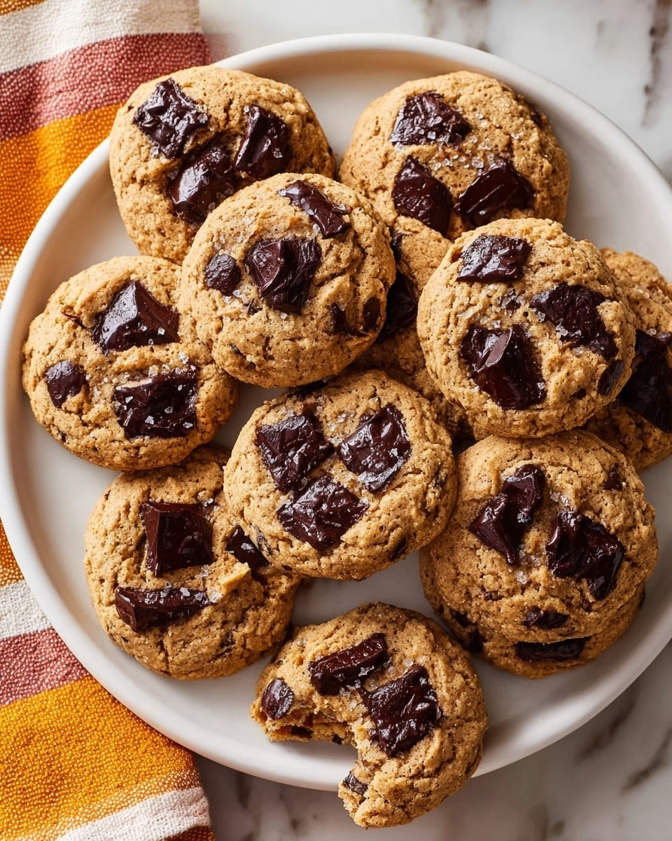 A white round plate holds nine soft, chunky cookies, each with a light brown dough base and large, dark chocolate chunks spread on top and slightly melted. The cookies have a grainy texture and look thick and chewy. One cookie near the bottom is broken in half, showing a soft inside with melted chocolate. The plate sits on a white marbled surface with a corner of a cloth napkin in orange, yellow, and white stripes visible at the left edge of the image. photo taken with an iphone --ar 4:5 --v 7