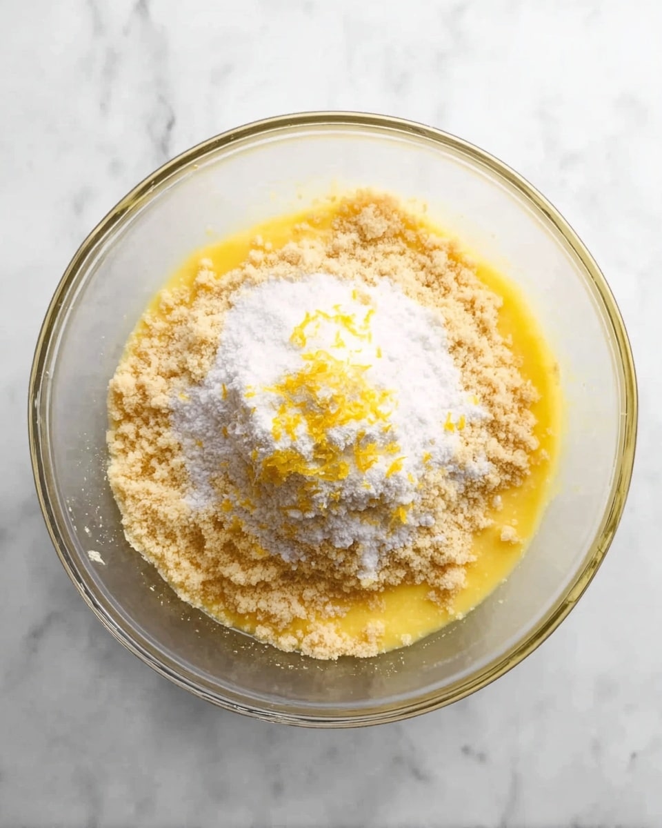 A clear glass bowl sits on a white marbled surface. Inside, a base layer of soft yellow melted butter fills the bottom. On top of the butter, there is a large mound of white powdery sugar mixed with a smaller heap of pale brown fine crumbs. In the center of the sugar pile, there are small dots of bright yellow lemon zest scattered over it, adding color contrast. The overall contents look ready to be mixed, with the layers distinct but close together. photo taken with an iphone --ar 4:5 --v 7