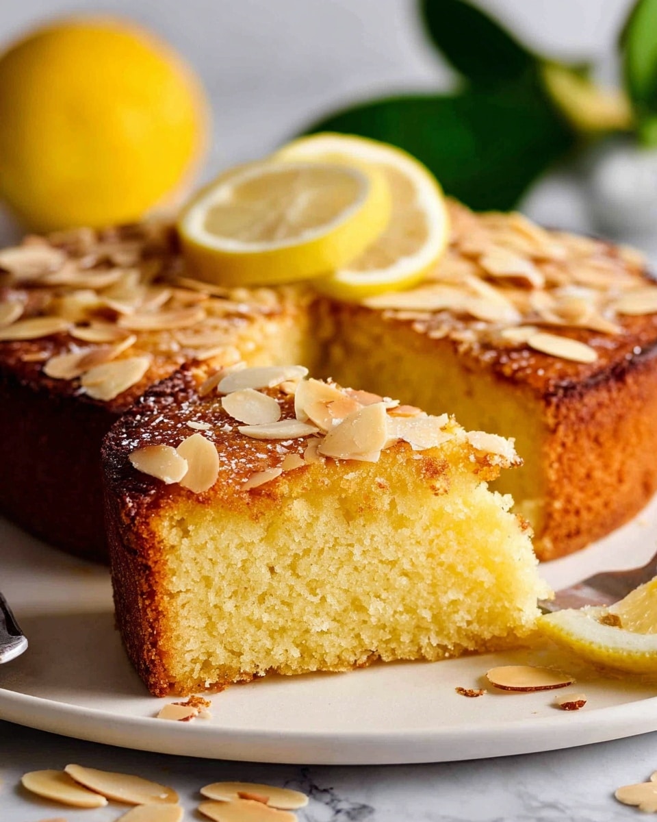 The image shows a thick round cake with a golden brown crust, sliced to reveal a moist, soft yellow inside. The top layer of the cake is sprinkled with thin, toasted almond slices and decorated with a fresh lemon slice. The cake sits on a white plate with a few scattered almond slices and a lemon wedge nearby. The background features a blurred yellow lemon and green leaves on a white marbled surface. Photo taken with an iphone --ar 4:5 --v 7