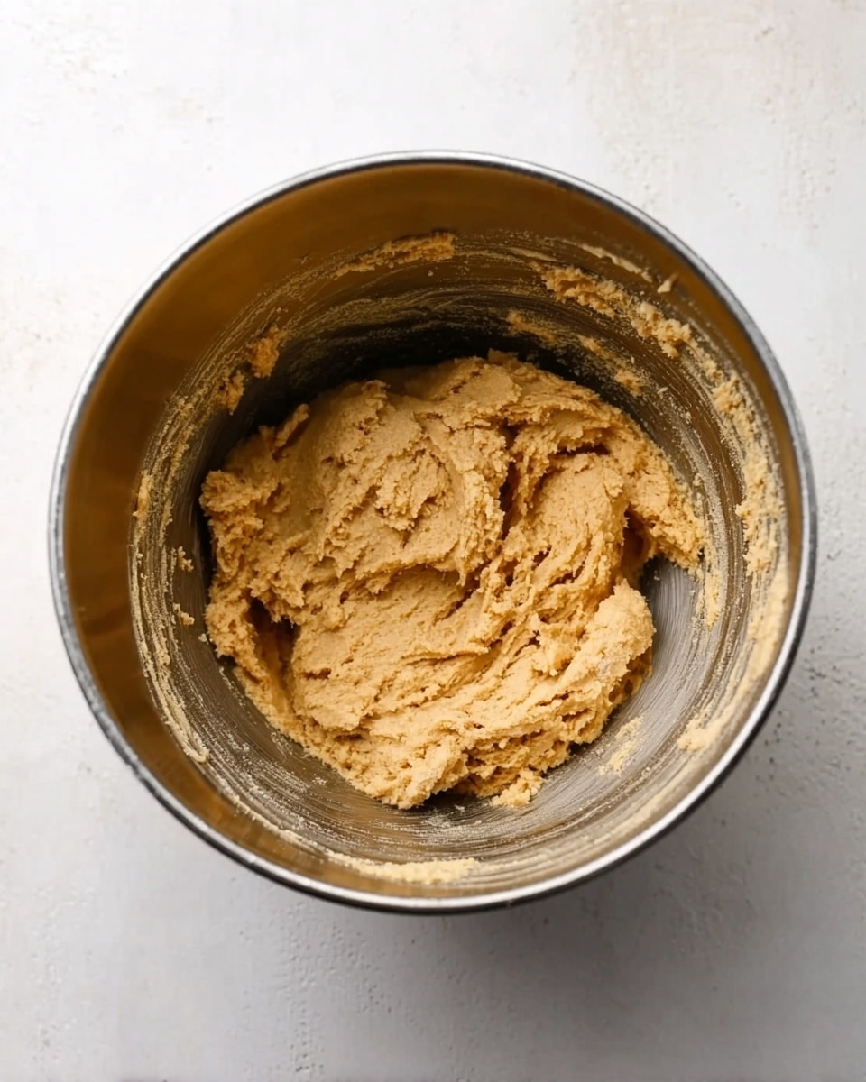A metal bowl sits on a white marbled surface, filled with thick, light brown dough that has a slightly rough texture, showing some uneven clumps and ridges created during mixing; the bowl's inner surface has smears of the dough around the sides, indicating recent stirring. Photo taken with an iphone --ar 4:5 --v 7
