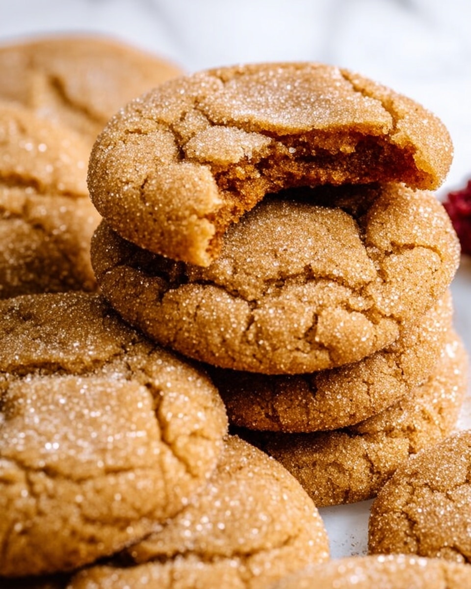The image shows a loose pile of soft round cookies with a cracked surface, covered lightly with sugar crystals that sparkle in the light. On top of the pile, there is one cookie with a big bite taken out of it, revealing its soft and slightly crumbly inside layer that is a lighter brown than the outside. The sugar texture makes the cookie's warm brown color look slightly rough and sugary. The background and the surface under the cookies have a white marbled texture but are not very visible because of the close-up shot. Photo taken with an iphone --ar 4:5 --v 7