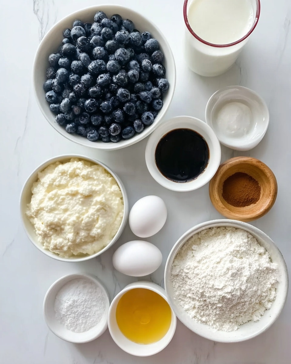 This image shows a top view of several white bowls and two white eggs arranged neatly on a white marbled surface. The largest bowl at the top center is full of fresh, dark blue blueberries with a slightly frosty texture. To the right of it, a small white bowl holds a thick black liquid, likely syrup. Below these, a medium white bowl contains a golden yellow liquid, possibly melted butter or oil. On the left side, a white bowl is filled with a creamy, textured white substance, perhaps cottage cheese or yogurt. Two white eggs are placed between the creamy bowl and the golden liquid bowl. In front of the eggs is a very small white bowl with a white powder, resembling baking soda or salt. Next to it, a small light wooden bowl holds a mix of cinnamon and a white granular ingredient. A larger white bowl filled with white flour occupies the bottom right corner of the image. A clear glass of milk with a red rim can be seen in the top left corner. The overall setting is clean and bright, with all items clearly arranged on the white marbled surface. photo taken with an iphone --ar 4:5 --v 7
