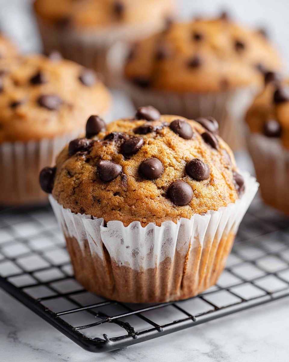 The image shows a close-up of a single muffin with a golden brown top covered in dark brown chocolate chips, all sitting in a white paper muffin liner with a crinkled texture. The muffin looks soft with a slightly bumpy surface and is placed on a black wire cooling rack. In the background, there are several similar muffins softly blurred, all on a white marbled surface. The overall scene is bright and clean, focusing on the warm colors and textures of the chocolate chip muffin. photo taken with an iphone --ar 4:5 --v 7