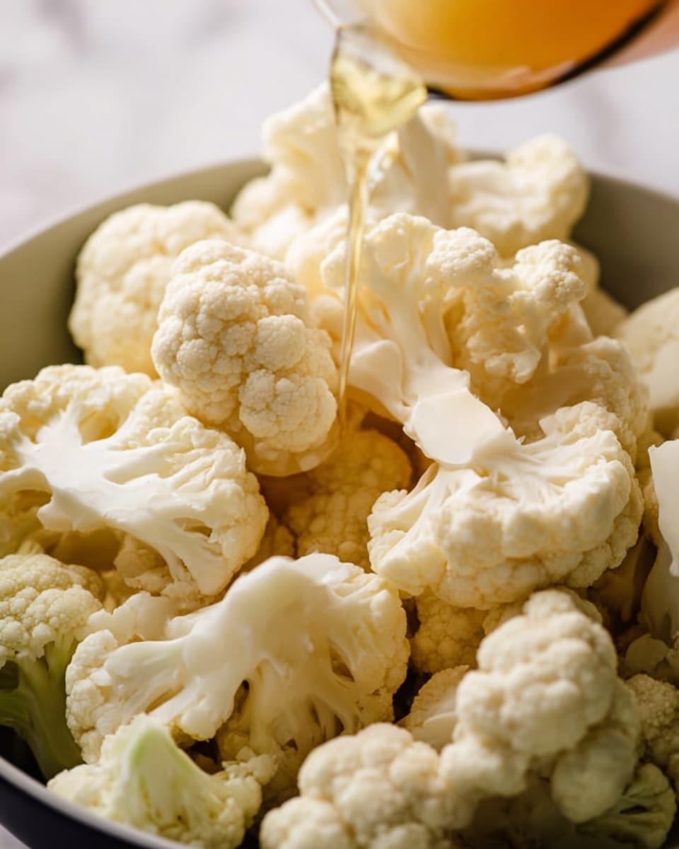 The image shows many light cream-colored cauliflower pieces in a white bowl. The cauliflower pieces have a firm, bumpy texture and are closely packed together. A golden liquid is being poured onto the cauliflower from the top left side of the image, creating a sense of motion. The background has a white marbled texture, giving a clean and bright look to the scene. The colors focus on the pale off-white of the cauliflower and the warm tone of the liquid being poured. photo taken with an iphone --ar 4:5 --v 7