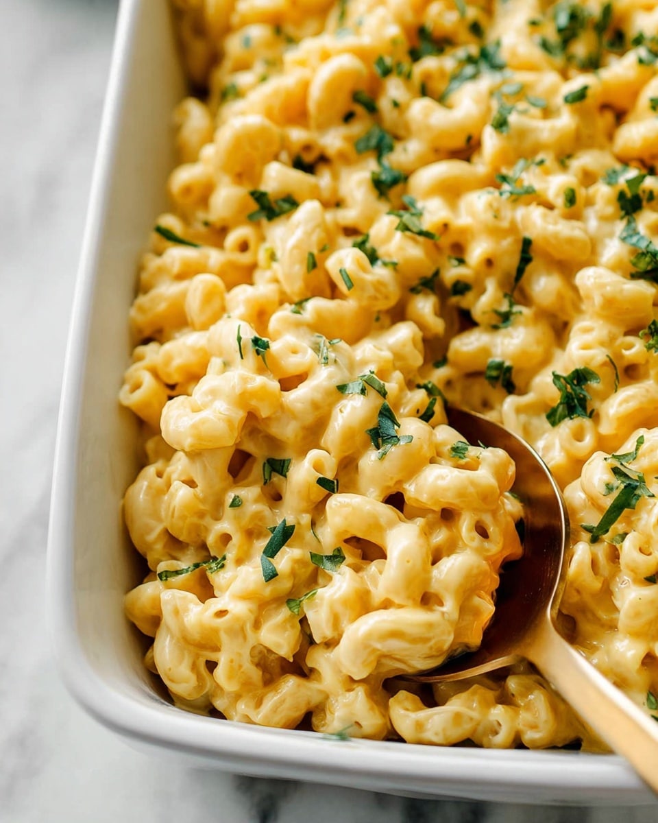 A close-up view of creamy macaroni pasta served in a white rectangular dish, with elbow-shaped pasta coated in a thick, smooth, light yellow cheese sauce. Small green herb pieces are sprinkled on top, adding a fresh touch. A shiny golden spoon rests inside the dish on the right side. The dish is placed on a white marbled surface. photo taken with an iphone --ar 4:5 --v 7