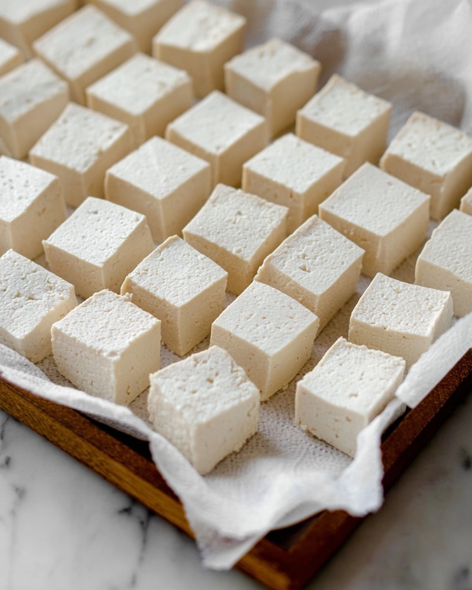 The image shows many white tofu cubes neatly arranged in rows on a wooden tray lined with white paper towels. Each cube is about the same size, displaying a smooth but slightly porous texture. The tray with the tofu cubes is placed on a white marbled surface, creating a clean and simple backdrop. The focus is soft and the lighting is natural, highlighting the tofu’s pale color without any other colors or layers present. photo taken with an iphone --ar 4:5 --v 7