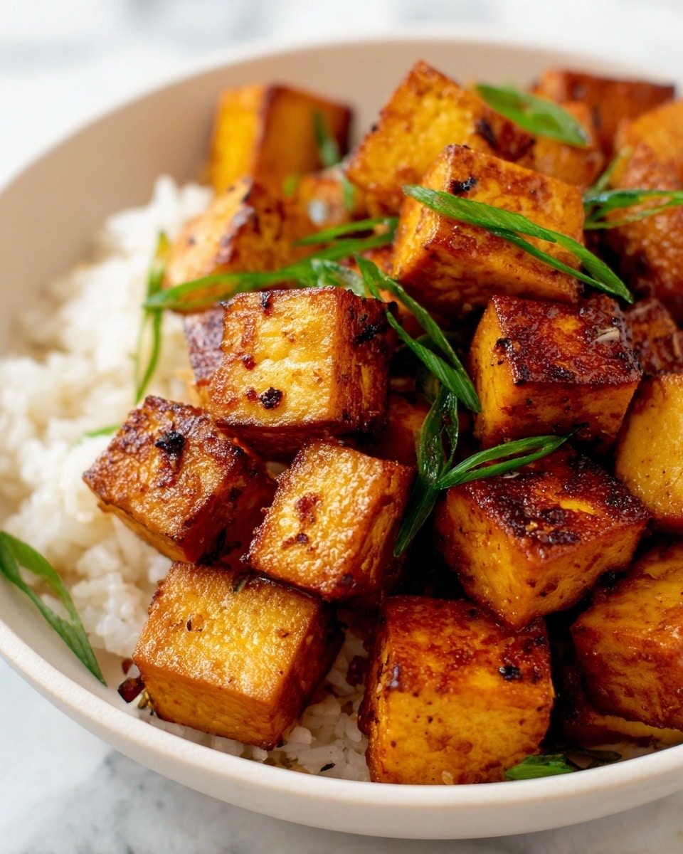 The image shows a close-up of a dish with two layers: the bottom layer is fluffy white rice in a white bowl, and the top layer is golden brown tofu cubes with a crispy texture, some pieces having a slightly darker, charred surface. Scattered green chive slices add a fresh touch on top of the tofu. The bowl is placed on a white marbled surface. Photo taken with an iphone --ar 4:5 --v 7