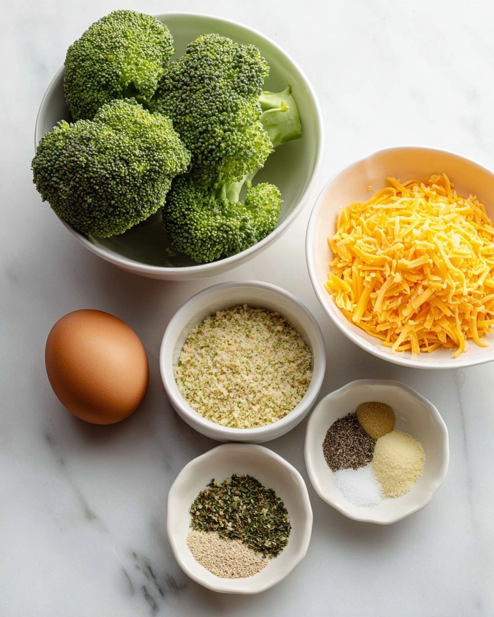 The image shows four white bowls and one brown egg arranged on a white marbled surface. The largest white bowl at the top left is filled with fresh green broccoli florets with textured stalks and dense crowns. To the top right, a medium white bowl holds shredded bright orange cheddar cheese strands. Below the broccoli, a small white bowl contains light beige seasoned breadcrumbs with green herb flecks. Next to it, a brown egg sits between the breadcrumb bowl and another white bowl filled with five different dry spices arranged in small piles: black pepper granules, green dried herbs, white salt, pale yellow garlic powder, and light tan onion powder. The photo taken with an iphone --ar 4:5 --v 7