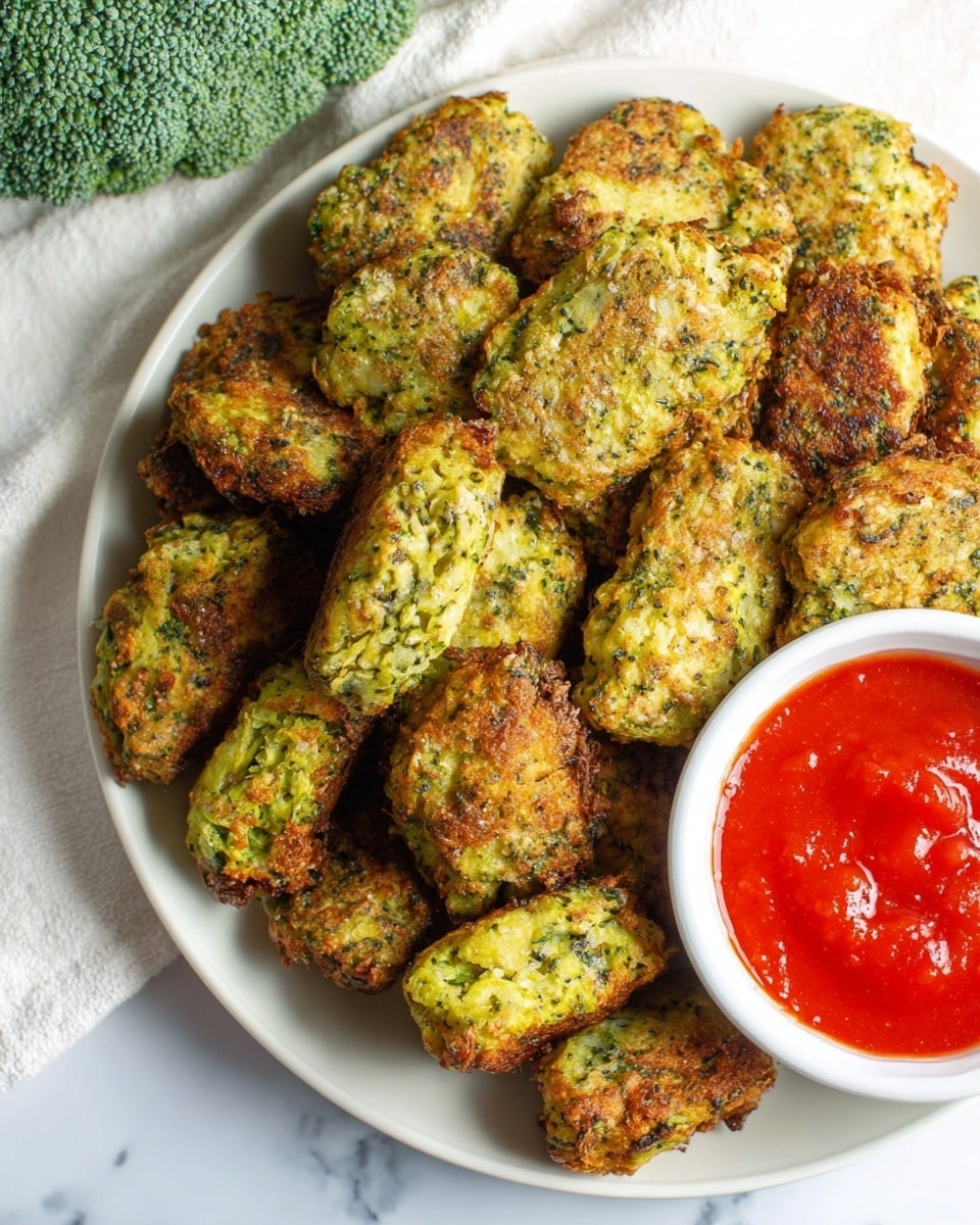 A white plate filled with many small, golden-brown broccoli fritters that have a rough, crispy texture and visible green broccoli pieces inside. The fritters are piled up, some stacked on top of each other, showing uneven shapes and edges. To the right side of the plate, there is a small white bowl filled with bright red sauce that looks smooth. The whole plate is placed on a white marbled surface, and a green broccoli head is partly visible in the top left corner. photo taken with an iphone --ar 4:5 --v 7