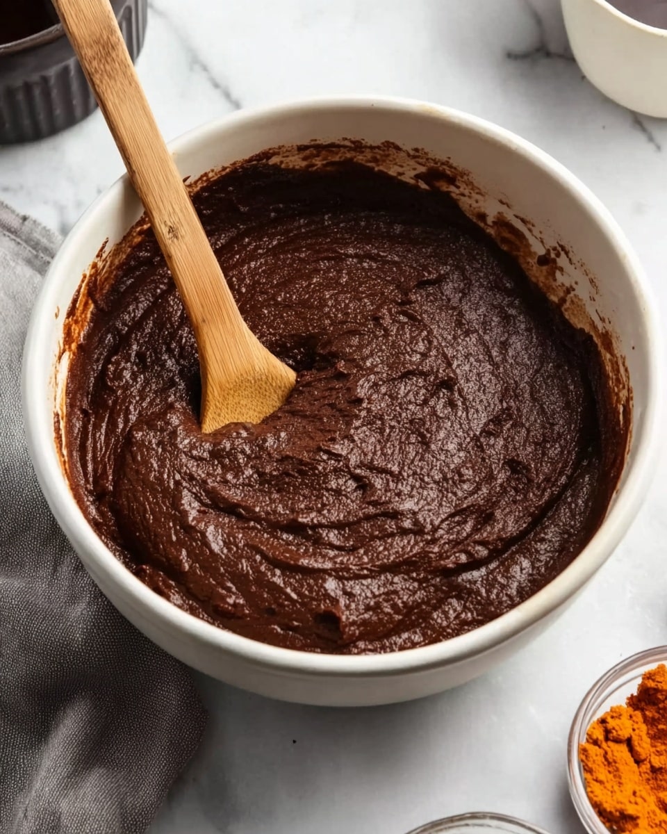 The image shows a white bowl filled with thick, dark brown chocolate batter that has a slightly rough texture on the surface. A wooden spoon, partially dipped in the batter, rests inside the bowl with its handle pointing outward. The bowl sits on a white marbled surface, next to a gray cloth on the left and a small glass bowl with an orange ingredient on the bottom right. In the background, parts of a white cup and a dark pot are slightly visible. Photo taken with an iphone --ar 4:5 --v 7