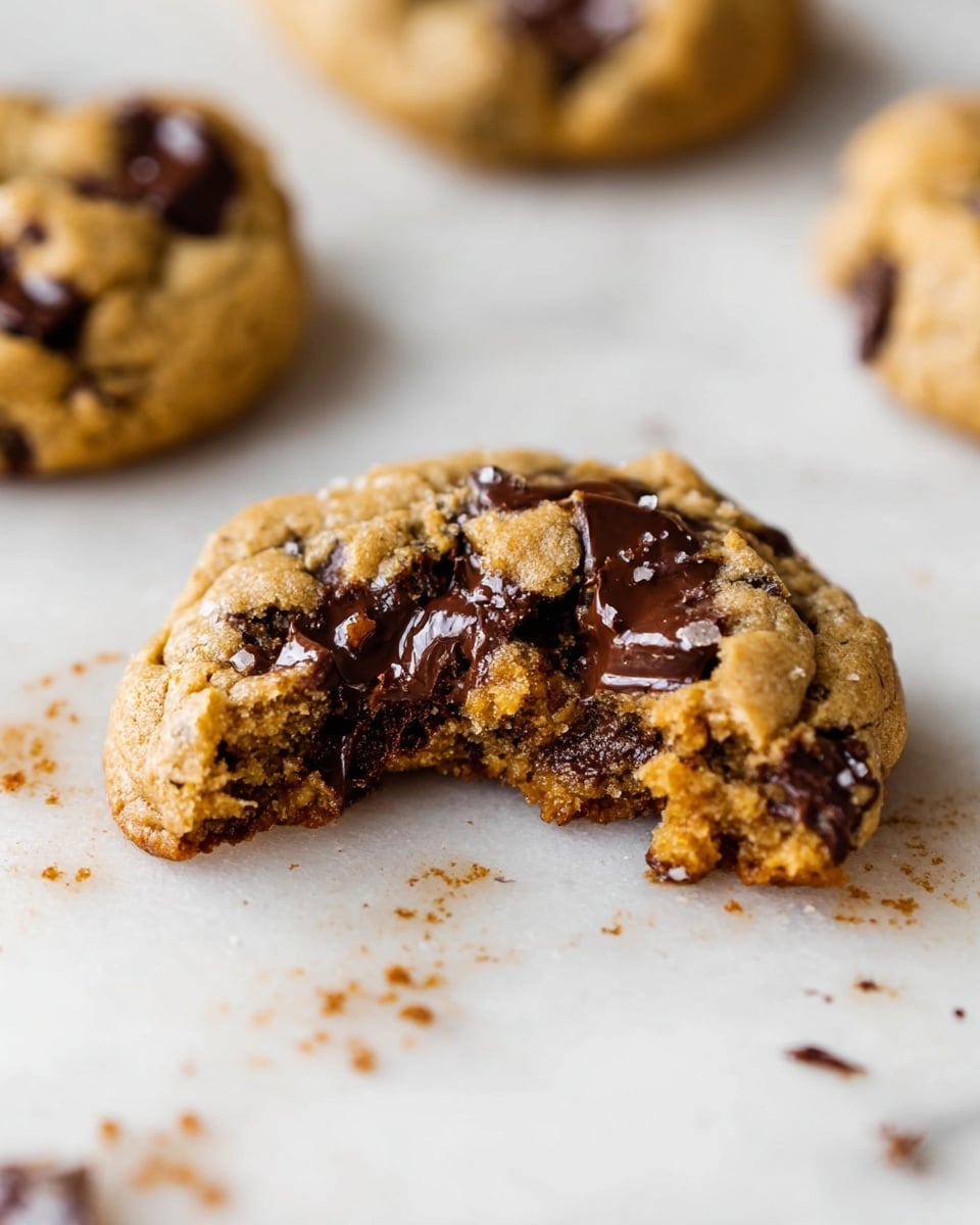 A close-up view of a soft, thick chocolate chip cookie with one large bite taken out of it, showing a dense, chewy texture inside. The cookie is golden brown with chunks of melted dark chocolate visible within and on the surface, some bits slightly spilling out. It sits on a white marbled surface with small crumbs and melted chocolate pieces scattered around. In the background, there are blurred parts of similar cookies. photo taken with an iphone --ar 4:5 --v 7