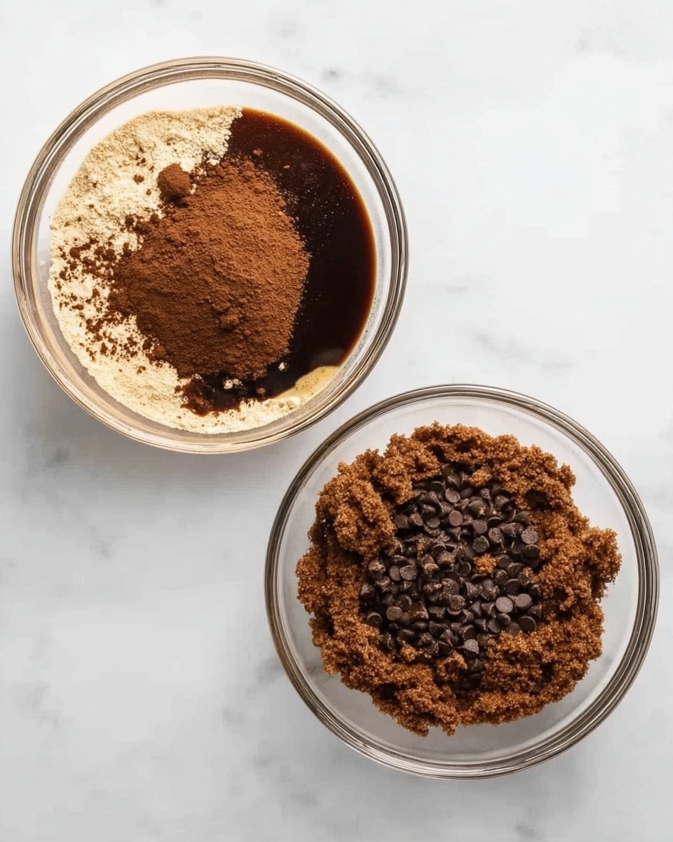 Two clear glass bowls are shown on a white marbled surface. The bowl on the left holds several dry ingredients layered and unmixed, including dark brown cocoa powder, light beige flour, and dark liquid vanilla extract pooled on one side, creating a contrast of colors and textures. The bowl on the right contains a crumbly, dark brown mixture with small, round chocolate chips scattered on top, with the dry pieces looking coarse and uneven. Photo taken with an iphone --ar 4:5 --v 7