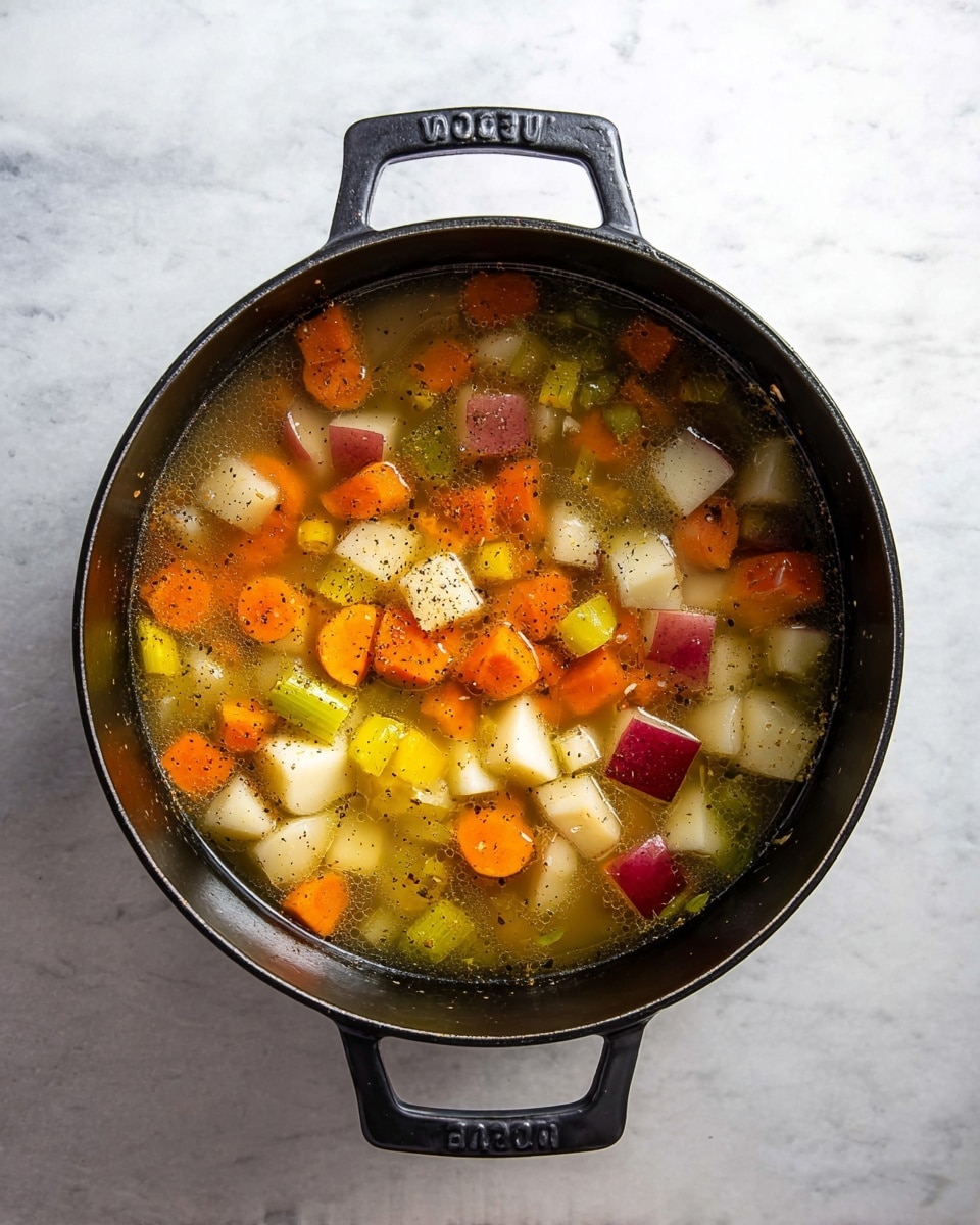 A black pot filled with a mix of diced vegetables in broth is shown from above. The vegetables include white potatoes, orange carrots, red potatoes, green celery, and small yellow pieces, all cut into small cubes and floating in a light brown broth. The pot is placed on a white marbled surface, and the broth has black pepper sprinkled on top, giving a speckled texture. photo taken with an iphone --ar 4:5 --v 7