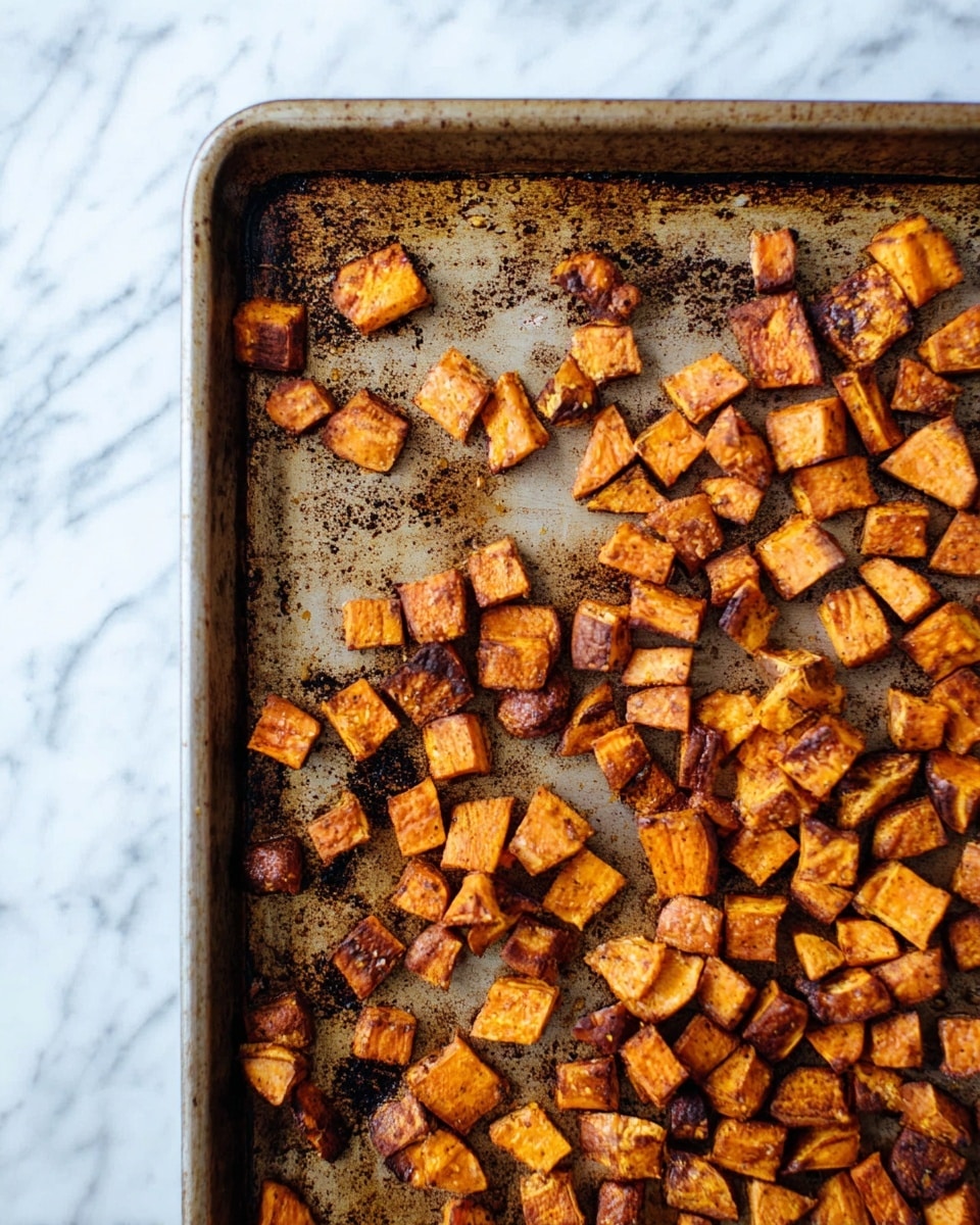 A metal baking tray filled with many small, roasted orange cubes of sweet potato, each having browned and slightly crisp edges, spread mostly on one half of the tray, with the other half showing the worn, textured surface of the tray with some dark baked-on spots. The tray is placed on a white marbled textured surface. photo taken with an iphone --ar 4:5 --v 7