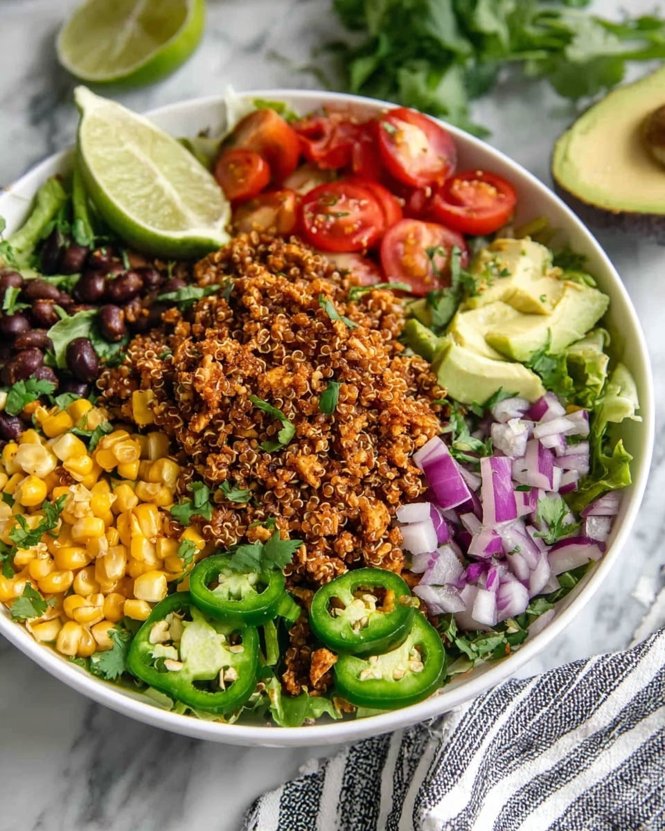 A white bowl filled with a colorful salad starting with a base layer of green lettuce and black beans mixed with cooked quinoa and yellow corn kernels. On top of this base are bright slices of red cherry tomatoes and diced purple onions scattered around. Fresh green jalapeño slices are placed near the front, accompanied by creamy, sliced avocado on one side. A large pile of finely chopped, spiced brown textured nuts or seeds sits in the center, topped with some fresh green cilantro leaves. A wedge of lime sits on the edge of the bowl. The bowl is set on a white marbled surface with a striped cloth underneath. Photo taken with an iphone --ar 4:5 --v 7