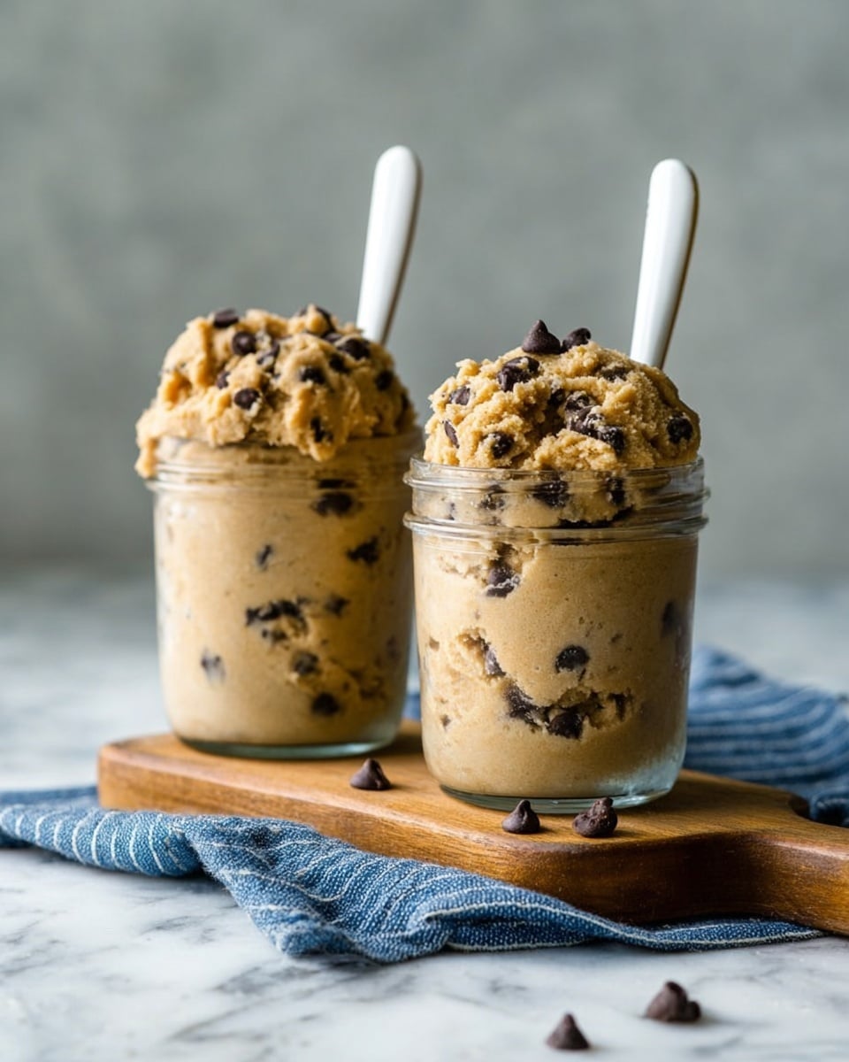 Two glass jars are filled with thick, creamy light brown cookie dough mixed with dark chocolate chips scattered throughout. Each jar is topped with a heaping mound of dough, showing a rough, chunky texture with visible chocolate chips on top and sides. White spoons stand upright in each jar. The jars sit on a wooden board placed over a folded blue cloth with white stripes. A few chocolate chips are scattered on the board. The background is a soft, light gray with a white marbled texture surface beneath. Photo taken with an iphone --ar 4:5 --v 7