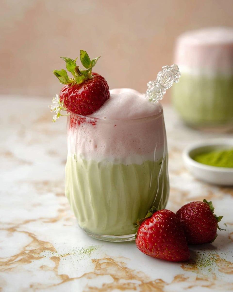 A clear, wavy glass shows a two-layer drink with a light green bottom layer that looks smooth and creamy, topped by a thick, fluffy pale pink layer that slightly overflows the glass. A fresh, bright red strawberry with green leaves decorates the rim of the glass, and a transparent glass straw with a small decorative flower leans out from the top layer. Two red strawberries are placed near the front of the glass on a white marbled surface with small beige and brown specks. In the soft-focused background, part of another layered drink and a small white bowl with green powder can be seen. photo taken with an iphone --ar 4:5 --v 7