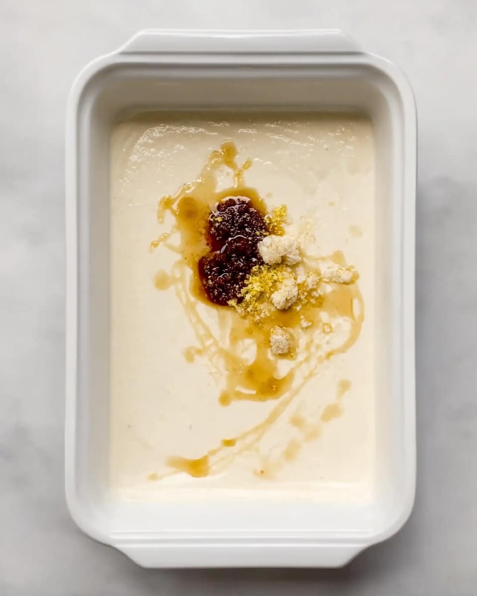 A white rectangular baking dish filled with a smooth, thick white batter layer. In the middle, there is a cluster of different ingredients on top: a dark brown paste, some small bits of pale yellow zest, and light golden syrup drizzled over the white batter. The dish sits on a white marbled surface. photo taken with an iphone --ar 4:5 --v 7