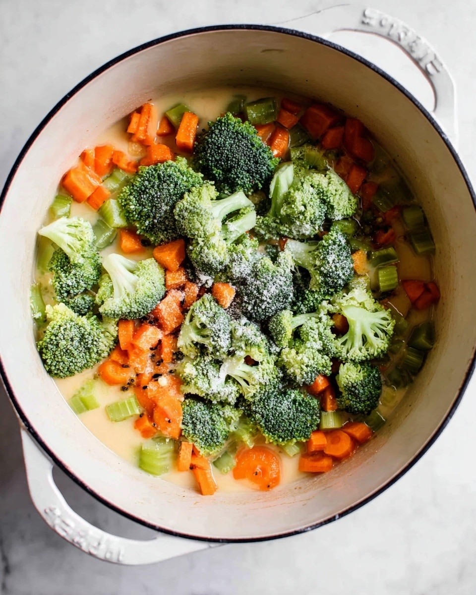 Inside a large white pot with dark trim, bright green broccoli florets sit on top of diced orange carrots and sliced light green celery pieces, all in a creamy light yellow broth. The vegetables are fresh, with some broccoli showing small water droplets and a light sprinkle of white powder seasoning on top. The pot rests on a white marbled surface. photo taken with an iphone --ar 4:5 --v 7