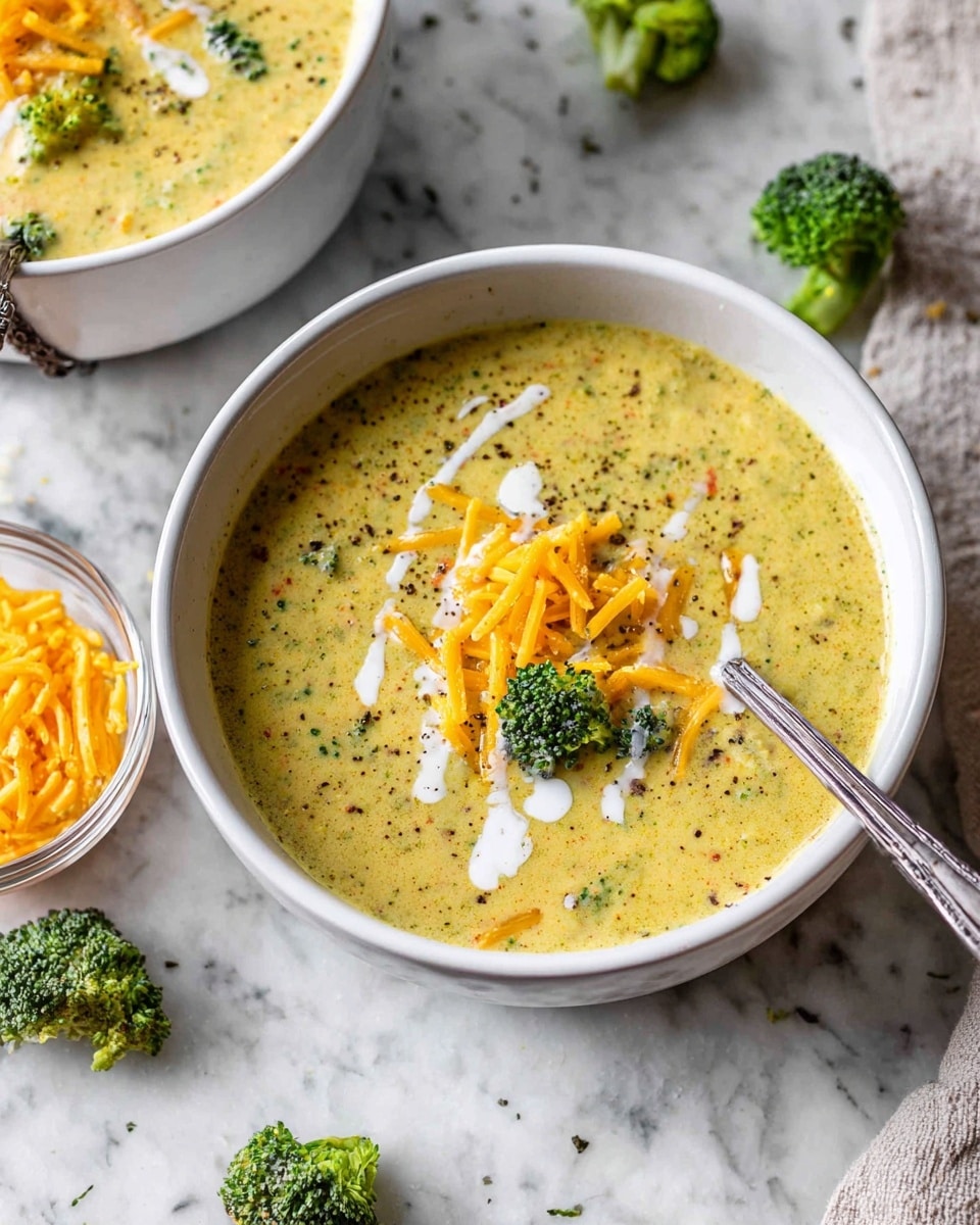 A white bowl filled with creamy broccoli cheese soup, showing a thick yellowish-green base with flecks of black pepper and small broccoli pieces. On top, a small pile of shredded orange cheddar cheese sits near the center, with a drizzle of white cream swirling around it. A silver spoon rests inside the bowl, its handle extending outwards. The bowl is placed on a white marbled surface with some broccoli florets nearby and a small clear bowl of shredded cheddar cheese to the left. Another similar bowl of soup is partially visible in the top right corner. Photo taken with an iphone --ar 4:5 --v 7
