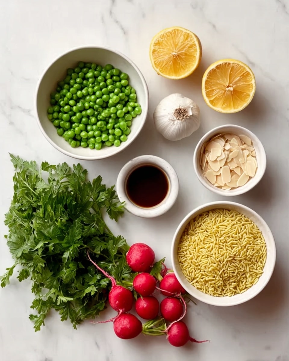 The image shows seven groups of ingredients arranged neatly on a white marbled surface. At the top left, there is a white bowl filled with fresh green peas. On the top right, two lemon halves display their bright yellow-orange insides face up. Below the peas, a small whole garlic bulb sits beside a small white cup filled with dark brown liquid. To the right of these, another white bowl holds thin, light beige almond slices. Near the bottom left, a bunch of fresh green parsley covers a significant area. To the bottom right, next to the parsley, are five bright red radishes with green stems attached. At the bottom right corner, a large white bowl is filled with small, yellow, rice-shaped orzo pasta. Photo taken with an iphone --ar 4:5 --v 7