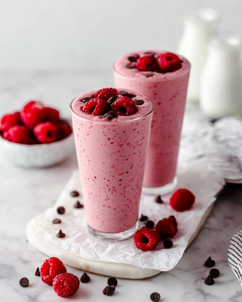 Two tall clear glasses hold a thick pink smoothie with small red specks throughout. Each glass is filled to the top and topped with several fresh bright red raspberries and small dark chocolate chips scattered around the raspberries on the surface. The glasses rest on white parchment paper placed on a white marble textured tray. Around the tray are a few loose raspberries and chocolate chips. In the blurred background, there is a white bowl full of raspberries and two white bottles. A white and gray striped cloth is placed to the right side on the white marble surface. photo taken with an iphone --ar 4:5 --v 7