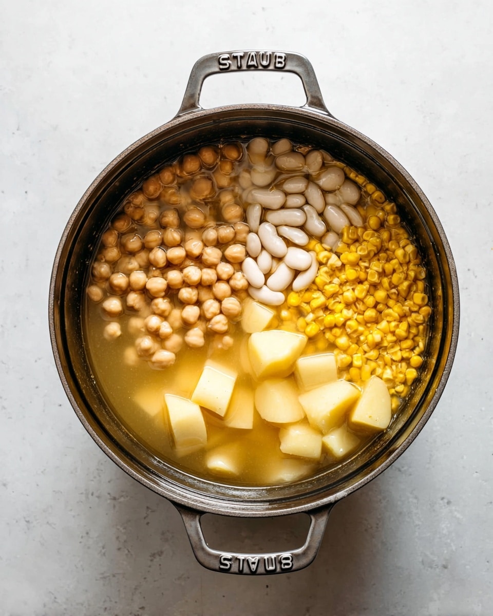 A round black pot is filled with clear yellowish broth and layered with four main ingredients visible from the top view. On the left side, small beige chickpeas take up about a third of the pot. Below the chickpeas, a cluster of white beans rests against the pot wall. To the right, vibrant yellow corn kernels fill another third of the pot. In the middle, a few chunky pale yellow potato pieces float slightly separated from the other ingredients. The pot is placed on a white marbled surface, with the brand name STAUB visible on both handles. Photo taken with an iphone --ar 4:5 --v 7
