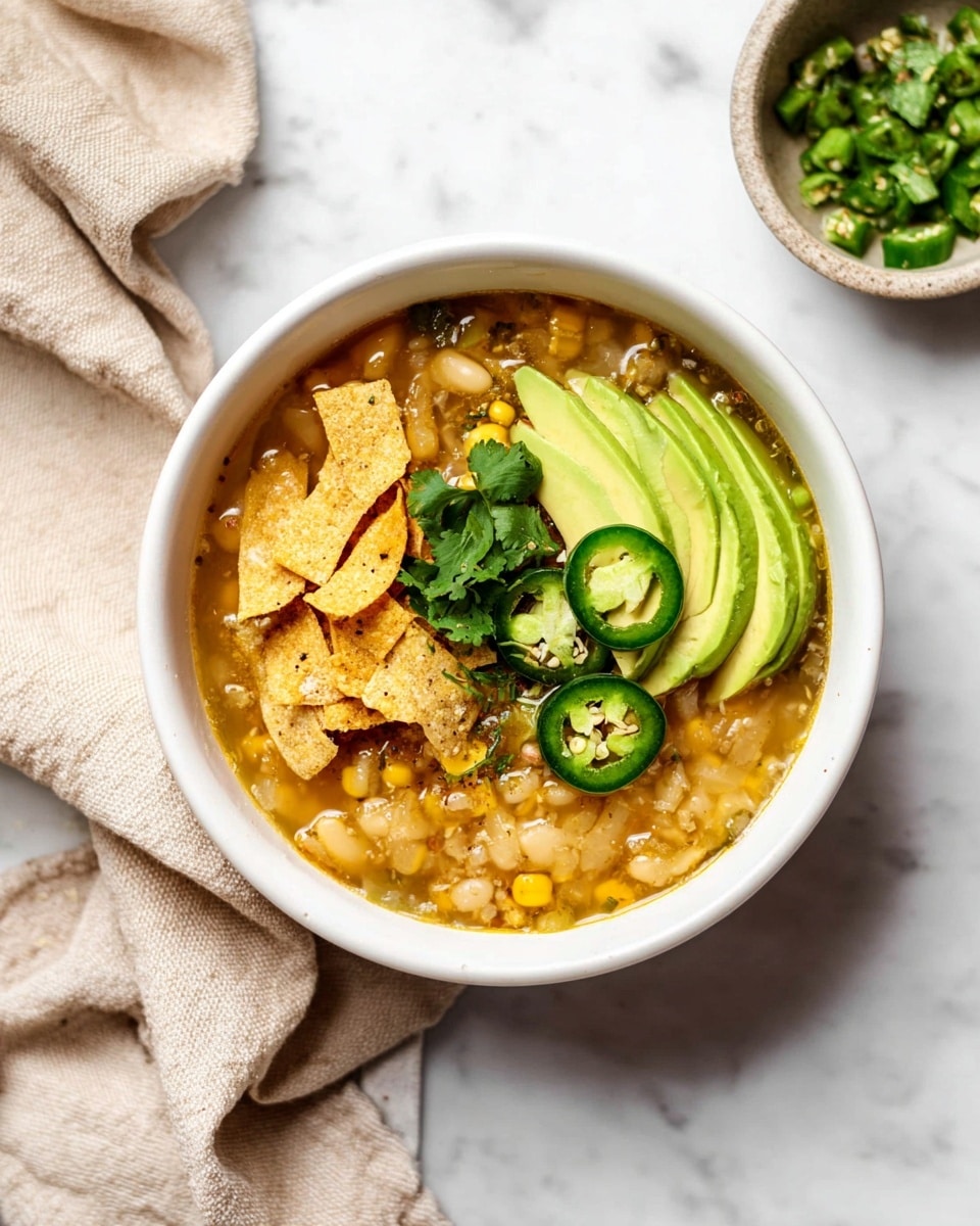 A white bowl filled with a warm soup that has a golden broth base with visible chunks of corn and white beans. On top, there are several layers: first, green jalapeño slices arranged near the center, next a few large, bright green avocado slices leaning on one side, scattered light brown broken tortilla chips, and fresh green cilantro leaves adding a fresh touch. The bowl rests on a white marbled surface with a beige cloth partially under it and a small bowl of extra sliced jalapeños nearby. photo taken with an iphone --ar 4:5 --v 7