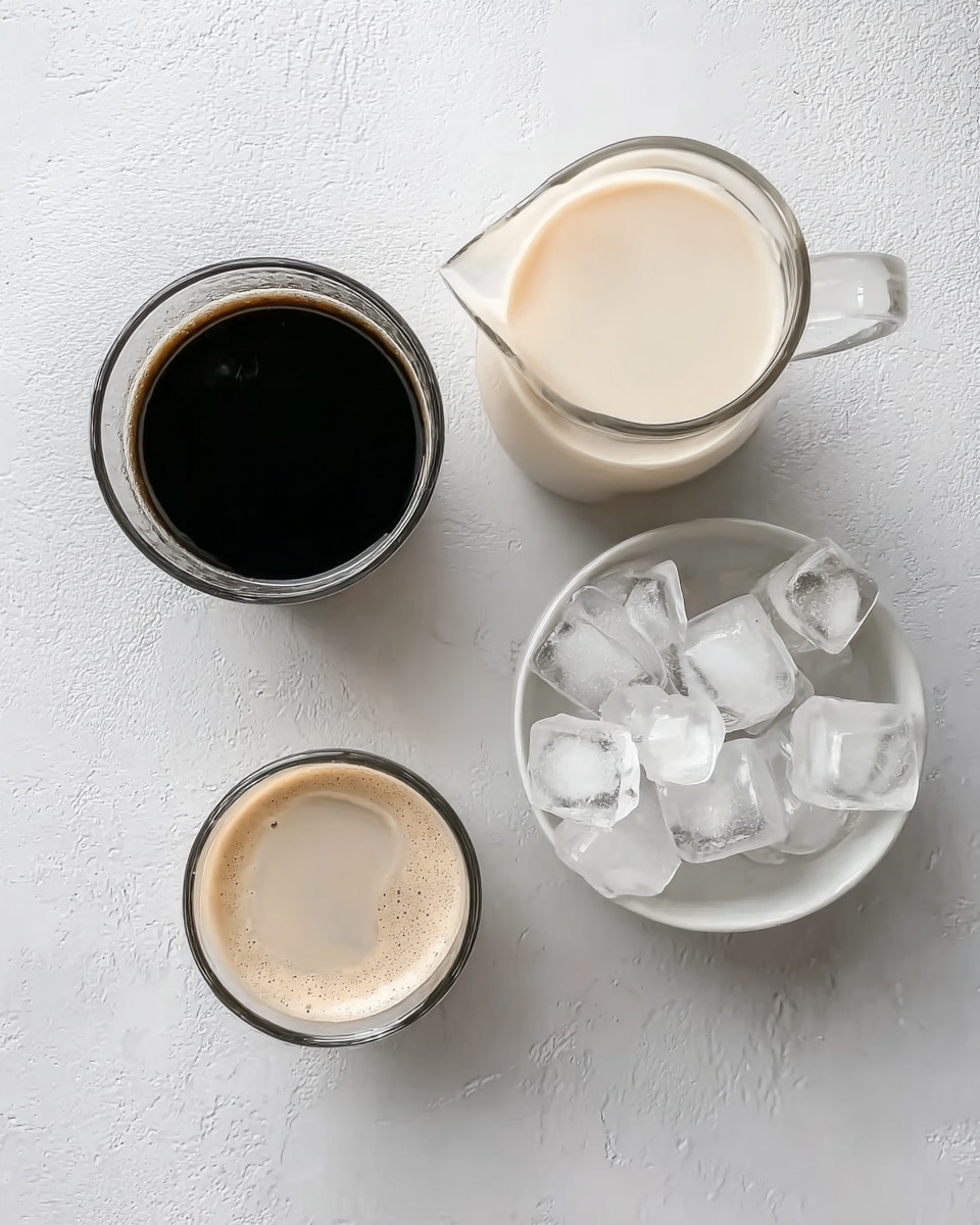 The image shows a top view of a white marbled surface with four items arranged: a clear glass cup with dark black coffee on the top left, a small clear glass jug with creamy light beige milk on the top right, a white bowl filled with clear ice cubes on the bottom right, and a small clear glass cup with beige coffee creamer and some froth on the bottom left. The items are spaced evenly, creating a balanced layout. photo taken with an iphone --ar 4:5 --v 7