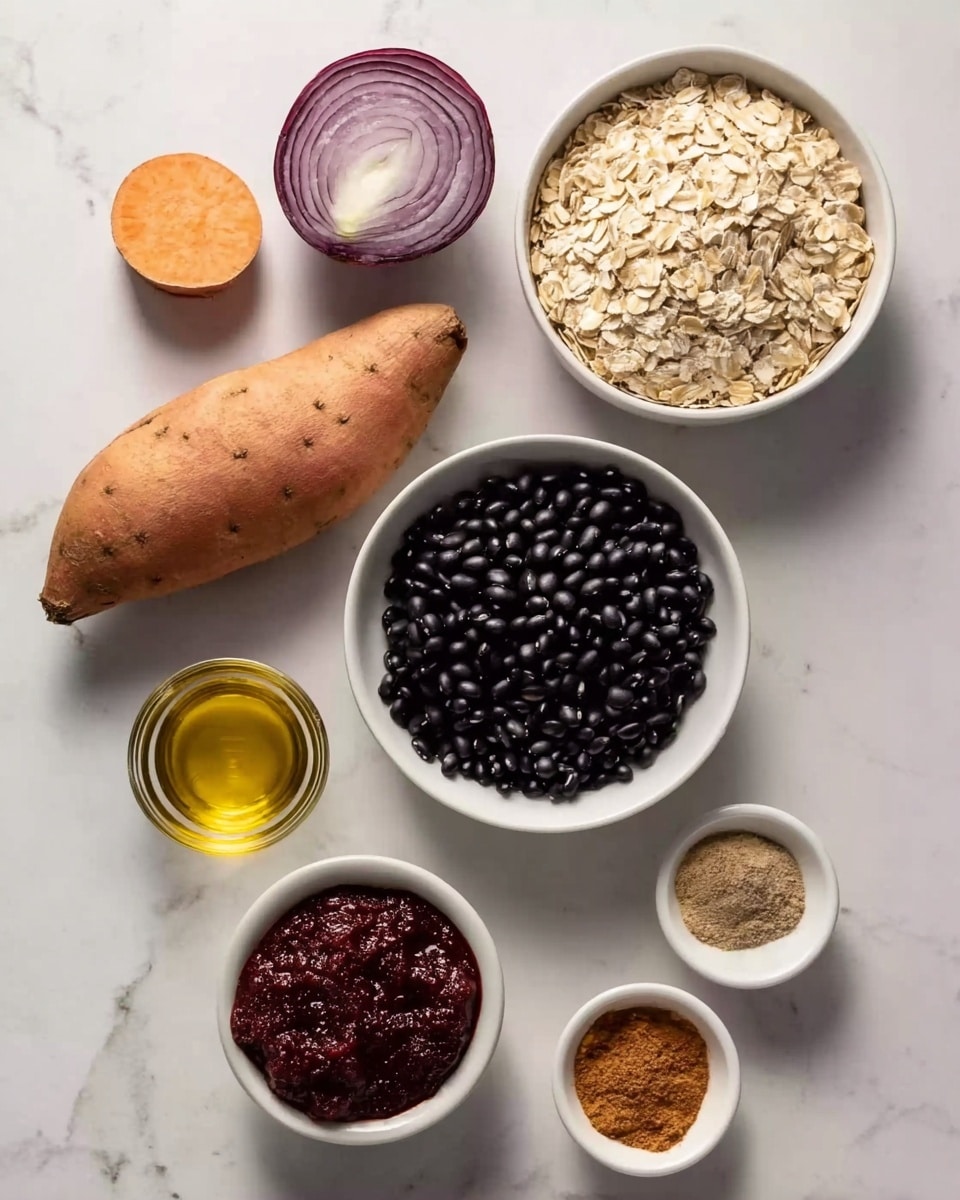 The image shows seven ingredients arranged on a white marbled surface. At the center, there is a white bowl filled with small black beans, appearing smooth and shiny. Above it to the right, a white bowl holds light beige oats, with a dry and rough texture. To the left of the beans, a long, whole sweet potato with a rough orange skin lies flat. On the top left, there is a half of a red onion showing its purple and white layers inside. Below the oats to the right, a small clear glass container with golden liquid, likely oil, is placed. On the bottom left, a small clear bowl contains a thick deep red paste. Next to it, a white bowl shows several dry spices in shades of beige and brown, arranged in separate parts but close together. Finally, a small white bowl on the bottom right contains light brown powder, all set against the white marbled surface. photo taken with an iphone --ar 4:5 --v 7