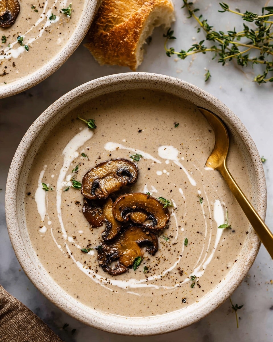 A bowl of creamy light beige mushroom soup fills a white bowl with a slightly rustic edge; on the top center, a small pile of sautéed golden-brown mushroom slices rests, surrounded by a drizzle of white cream forming a swirl pattern. Tiny green herb leaves and specks of black pepper are scattered over the soup’s surface. A golden spoon is partially dipped in the soup, placed on the right side inside the bowl, with its handle resting on the white marbled surface beneath. In the background, a sprig of fresh green thyme lies near the edge of the bowl, with a piece of crusty bread partially visible on the upper left corner. Photo taken with an iphone --ar 4:5 --v 7
