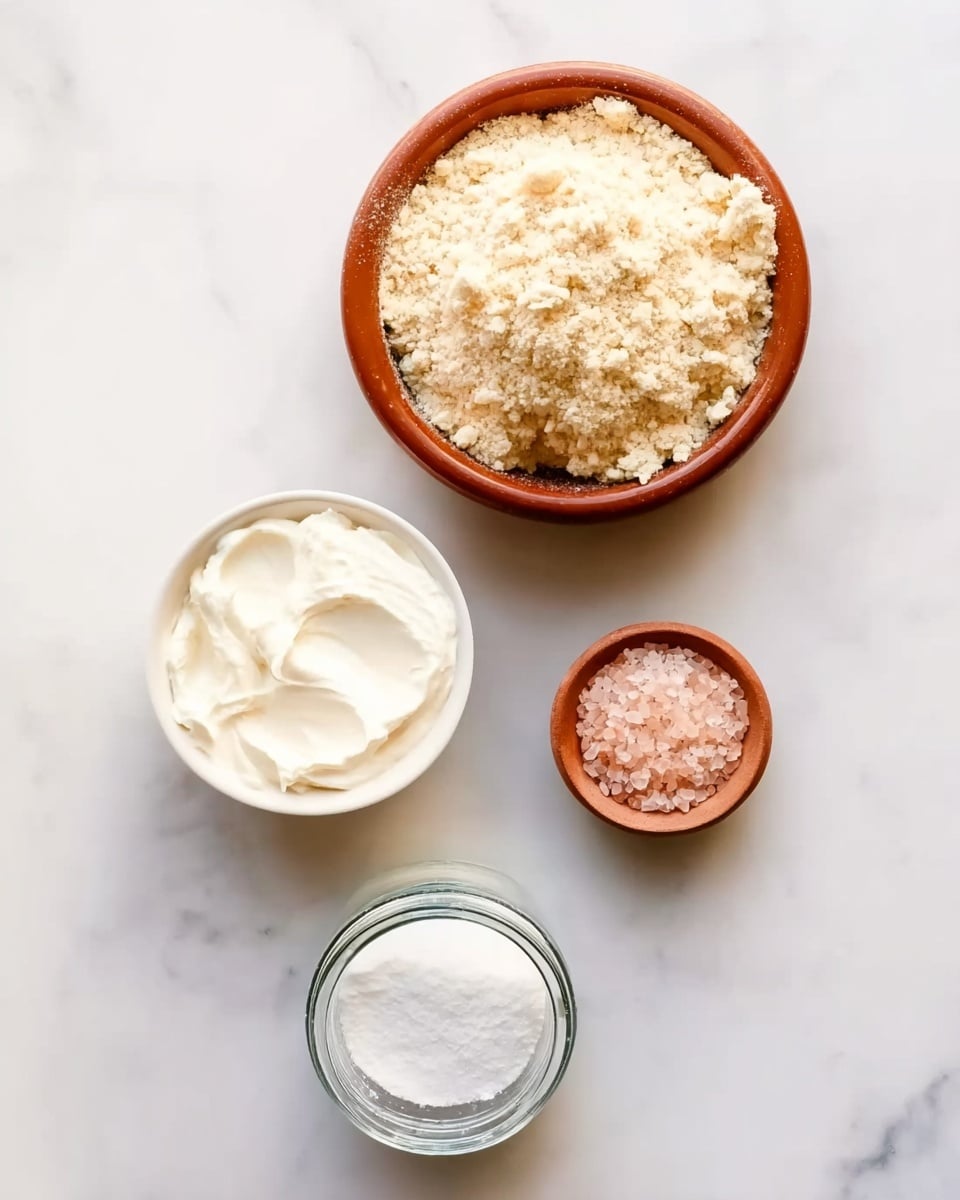 The image shows four small bowls arranged on a white marbled surface. At the top, there is a round terracotta bowl filled with a light, crumbly mixture that is beige in color and has a rough texture. Below and to the left, there is a white bowl holding smooth, thick white cream with a soft texture. To the right of this bowl, a small terracotta bowl contains a fine pink salt with a granular texture. Below these three bowls, a small clear glass jar has a white powder, looking soft and fine. photo taken with an iphone --ar 4:5 --v 7