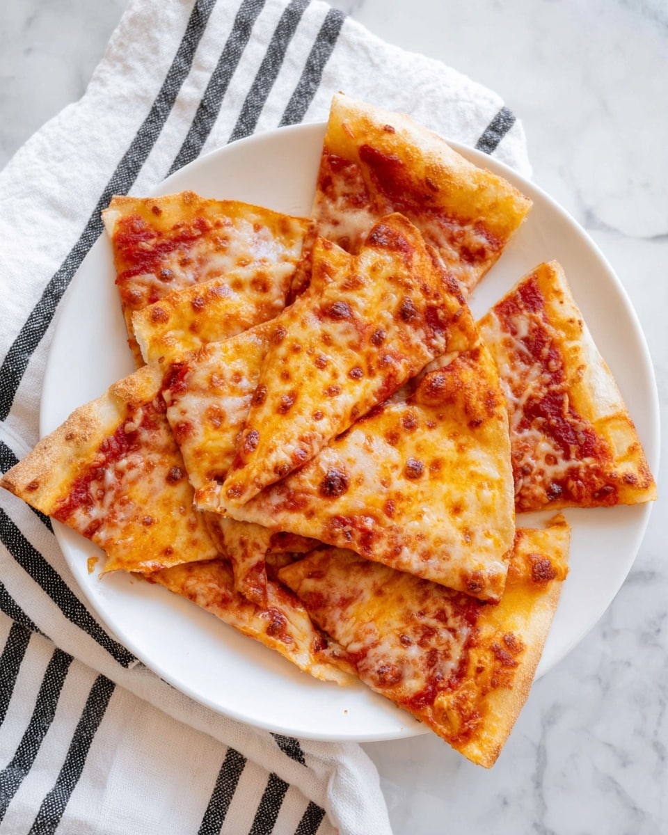 The image shows a white plate with a thin crust cheese pizza cut into eight triangular slices. Each slice has a light golden-brown crust at the edge, topped with a layer of bright red tomato sauce that is unevenly spread, exposing some crust. The cheese layer is melted and bubbly, mostly orange with some white melted spots, covering the sauce and crust. The pizza slices are stacked slightly on top of each other in a casual pile. The plate rests on a white marbled surface with a white cloth featuring dark stripes partially visible at the bottom edge of the frame. photo taken with an iphone --ar 4:5 --v 7