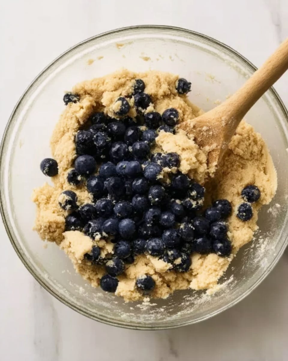 A clear glass bowl filled with a mixture of light beige dough and dark blue blueberries. The dough looks thick and crumbly, covering most of the bottom and sides of the bowl, while the blueberries sit mostly on top in the center with some scattered around. A wooden spoon is partially inside the bowl, touching the dough near the blueberries. The bowl is placed on a white marbled surface. Photo taken with an iphone --ar 4:5 --v 7