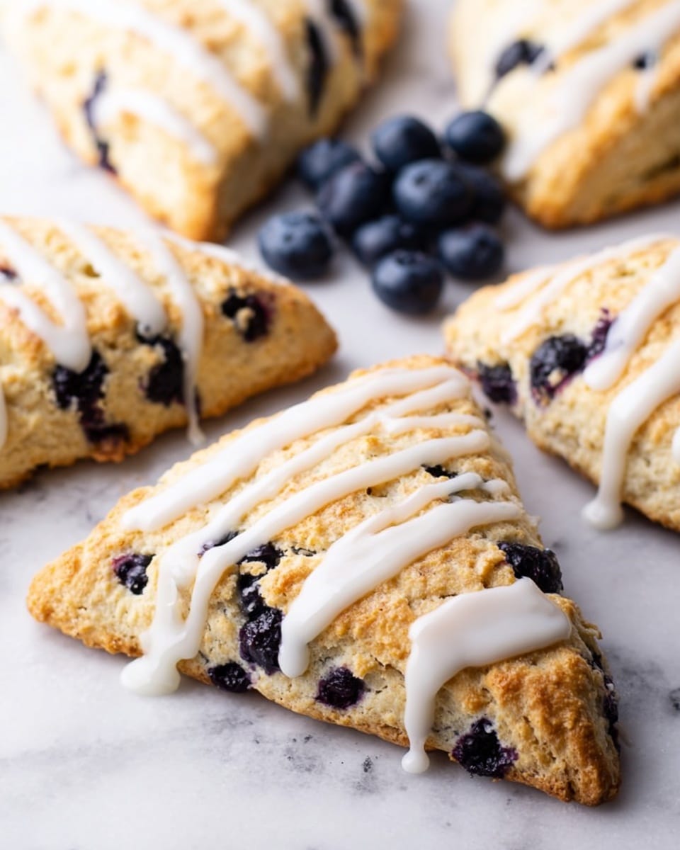 The image shows several triangle-shaped scones with a golden-brown color and a slightly crumbly texture, each studded with dark blue blueberries. On top of each scone is a generous drizzle of thick white icing that runs down in lines across the surface. The scones rest directly on a white marbled texture surface, and a small cluster of fresh blueberries is placed in the upper background, adding contrast with their deep blue hue. The focus is on the front scone with others visible behind it, all showing their texture and icing clearly. photo taken with an iphone --ar 4:5 --v 7