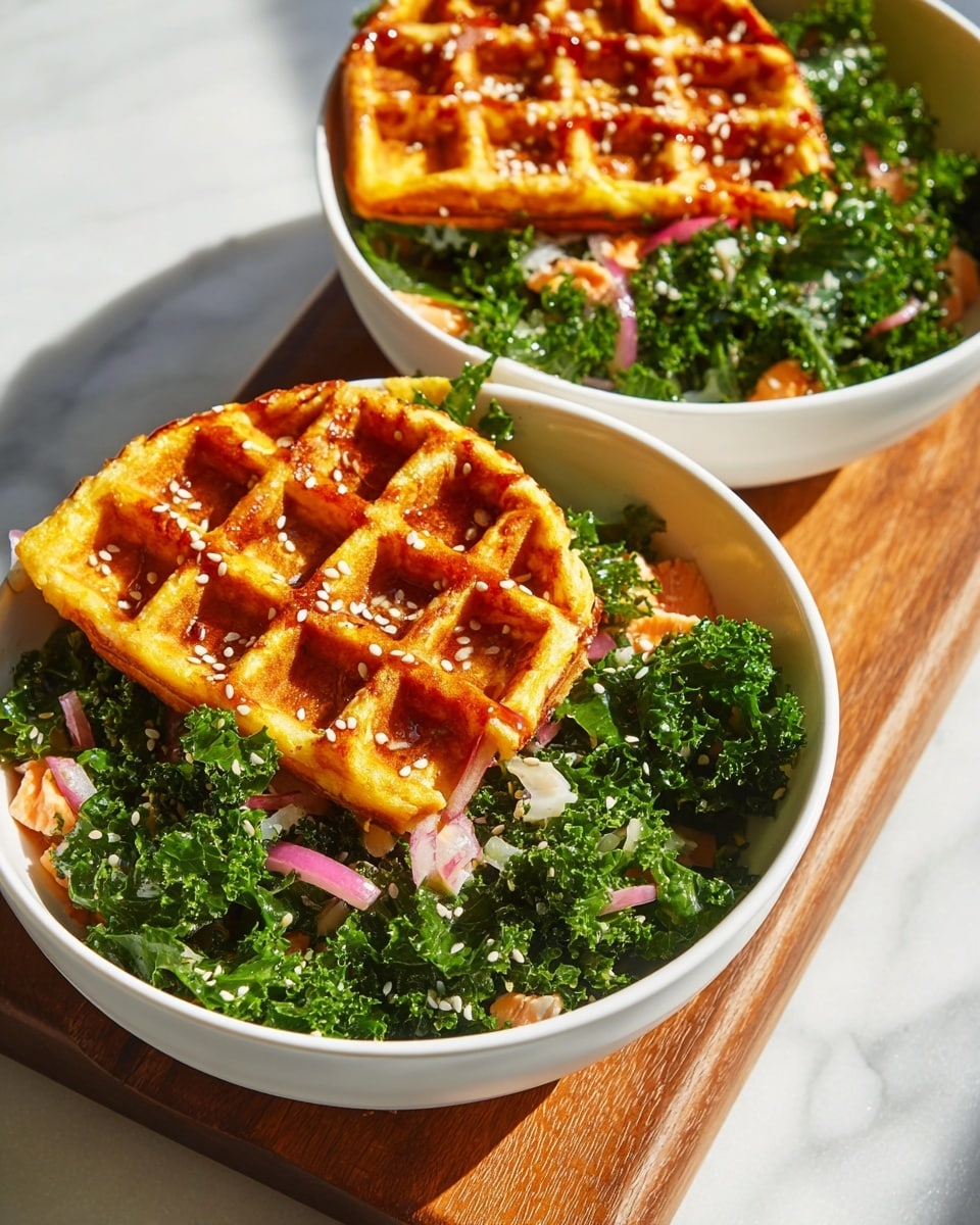 The image shows two white bowls on a white marbled surface, each containing a fresh green kale salad mixed with small pieces of red onion and light orange bits, possibly salmon. On top of each salad is half of a golden-yellow waffle with a slightly crispy texture and some red sauce spots. The waffles are sprinkled lightly with white sesame seeds, and the bowls are placed on a wooden board, with one bowl slightly closer to the camera. The lighting is bright and natural, highlighting the vivid colors and textures of the food. photo taken with an iphone --ar 4:5 --v 7