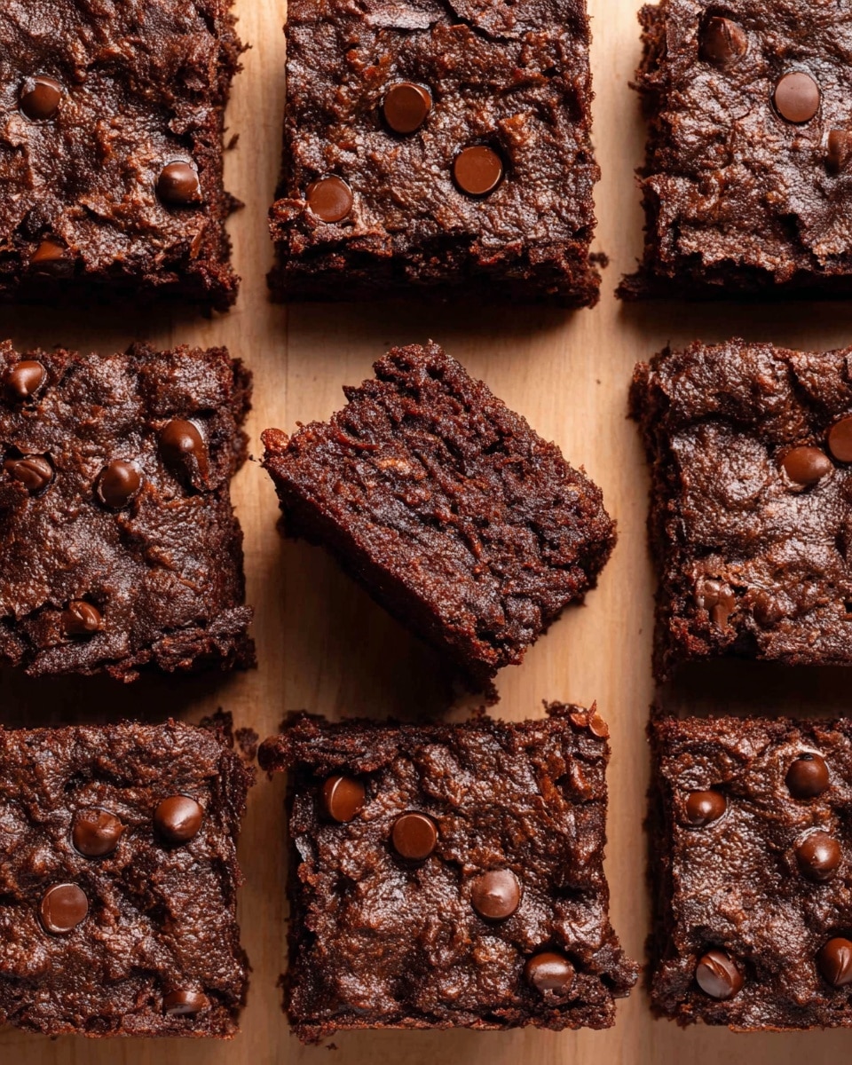 The image shows nine square chocolate brownies arranged in a 3x3 grid on a light wooden surface. The brownies have a deep brown color and a textured surface with visible chocolate chips scattered unevenly across the top of each square. One brownie in the center is slightly lifted and shows its thick, dense texture with a rich chocolate tone inside. The brownies appear moist and soft, with a dense, fudgy look, and the chocolate chips add small glossy highlights throughout the dark brown surface. photo taken with an iphone --ar 4:5 --v 7