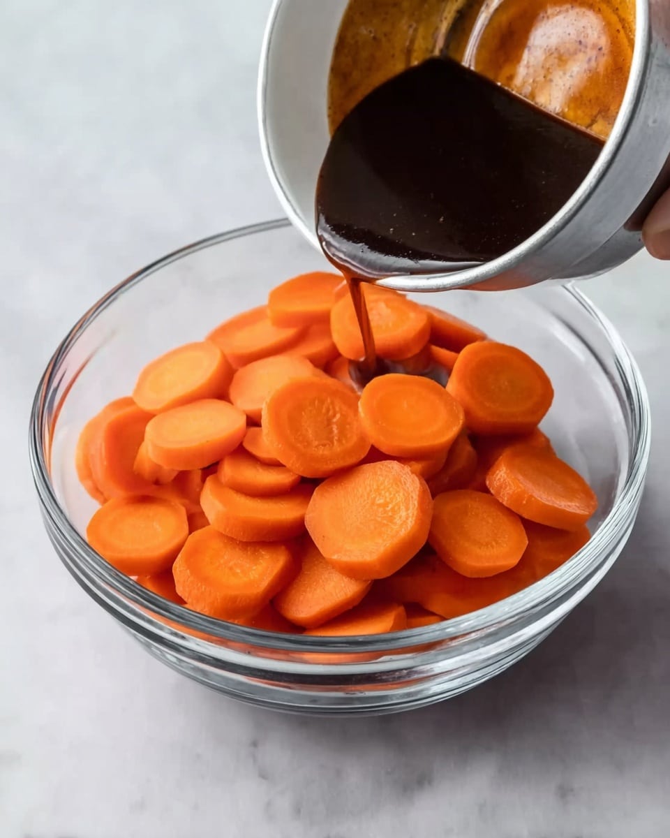 The image shows a clear glass bowl filled with bright orange slices of carrots, arranged in a loose pile. Above the bowl, a white metal bowl with some dark brown sauce inside is tilted, as if the sauce is about to be poured over the carrots. The background is a white marbled surface. A woman's hand holds the metal bowl gently from the top edge. photo taken with an iphone --ar 4:5 --v 7